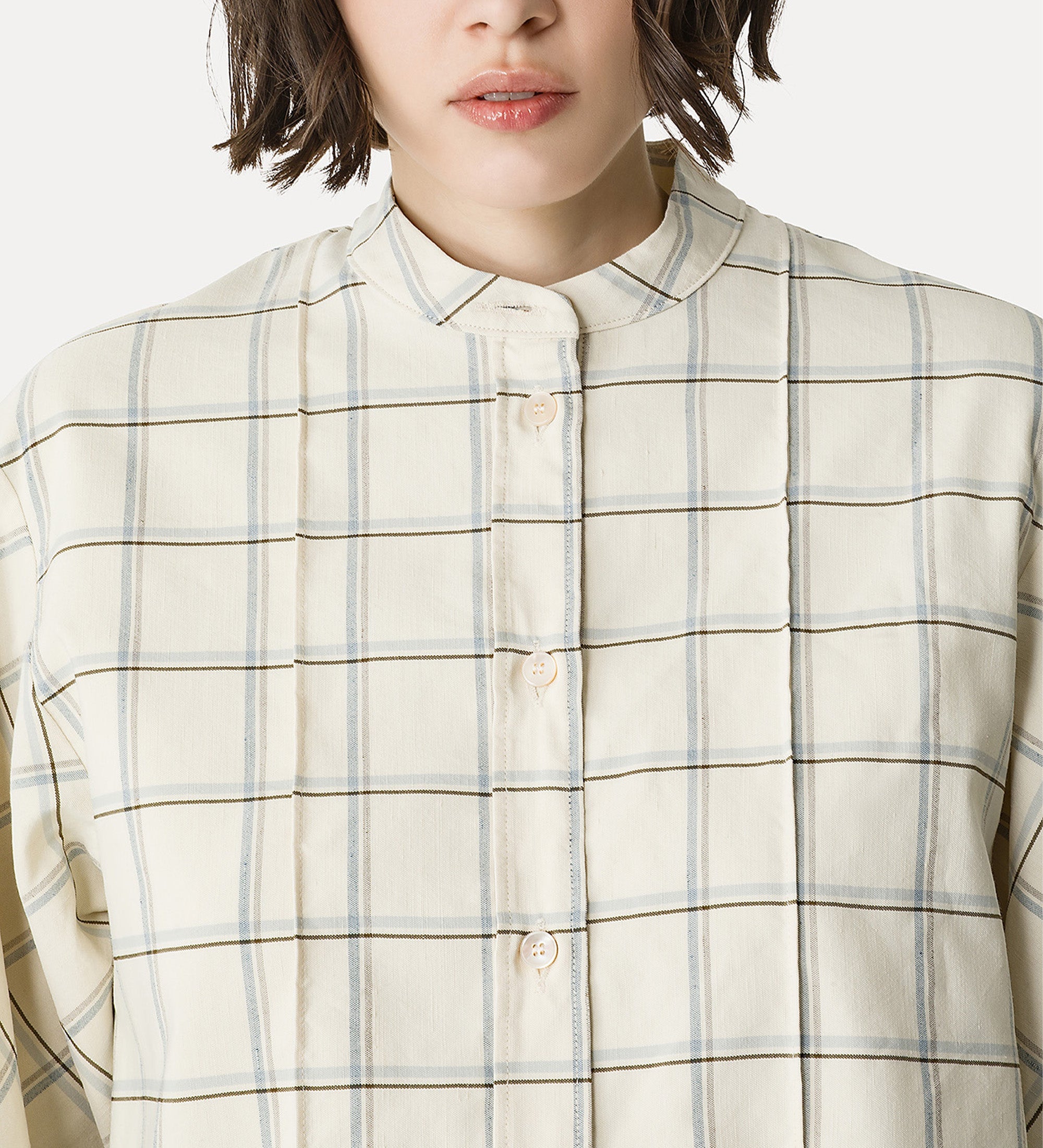mandarin—collar tartan shirt light blue