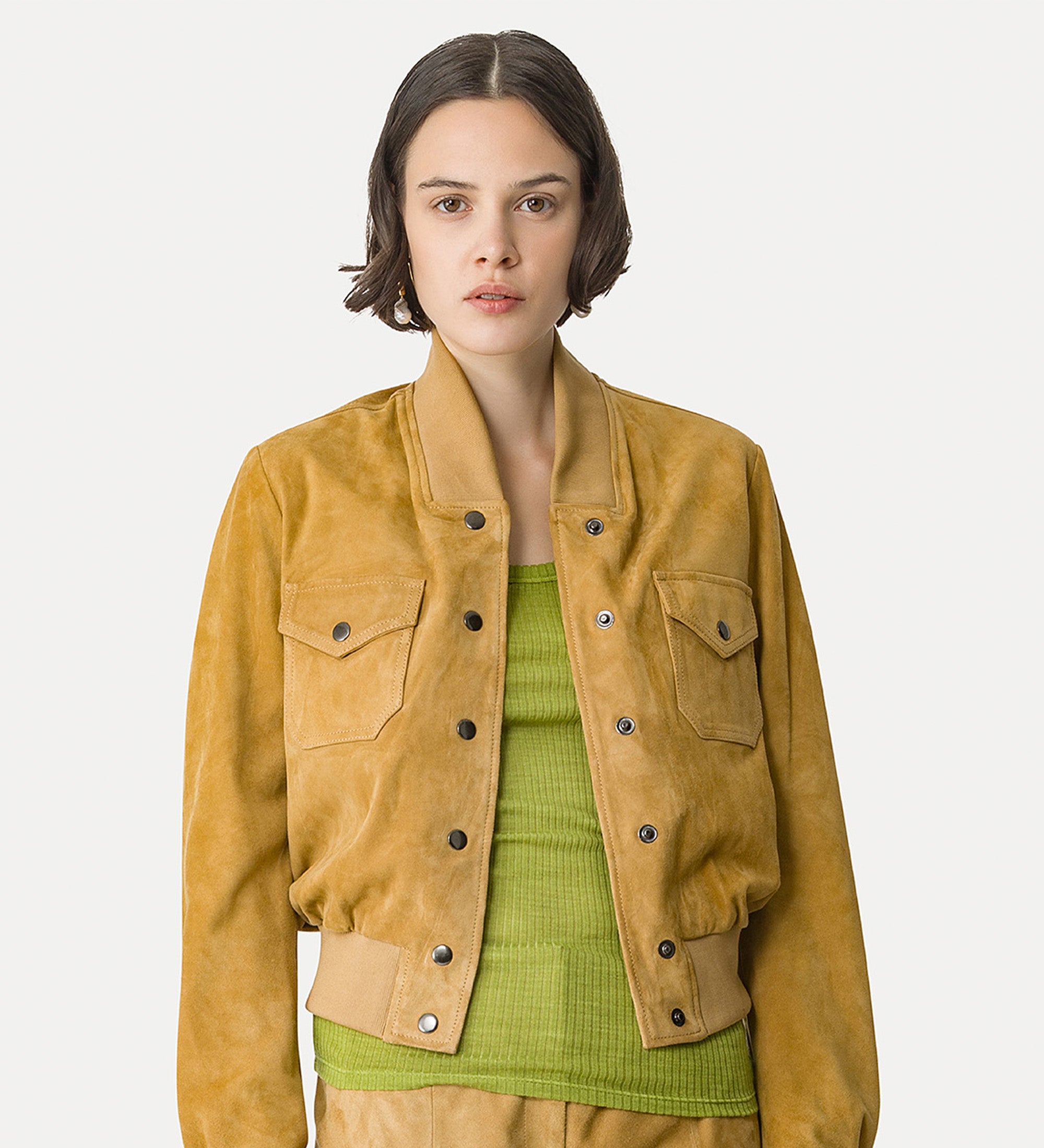 suede bomber jacket yellow gold