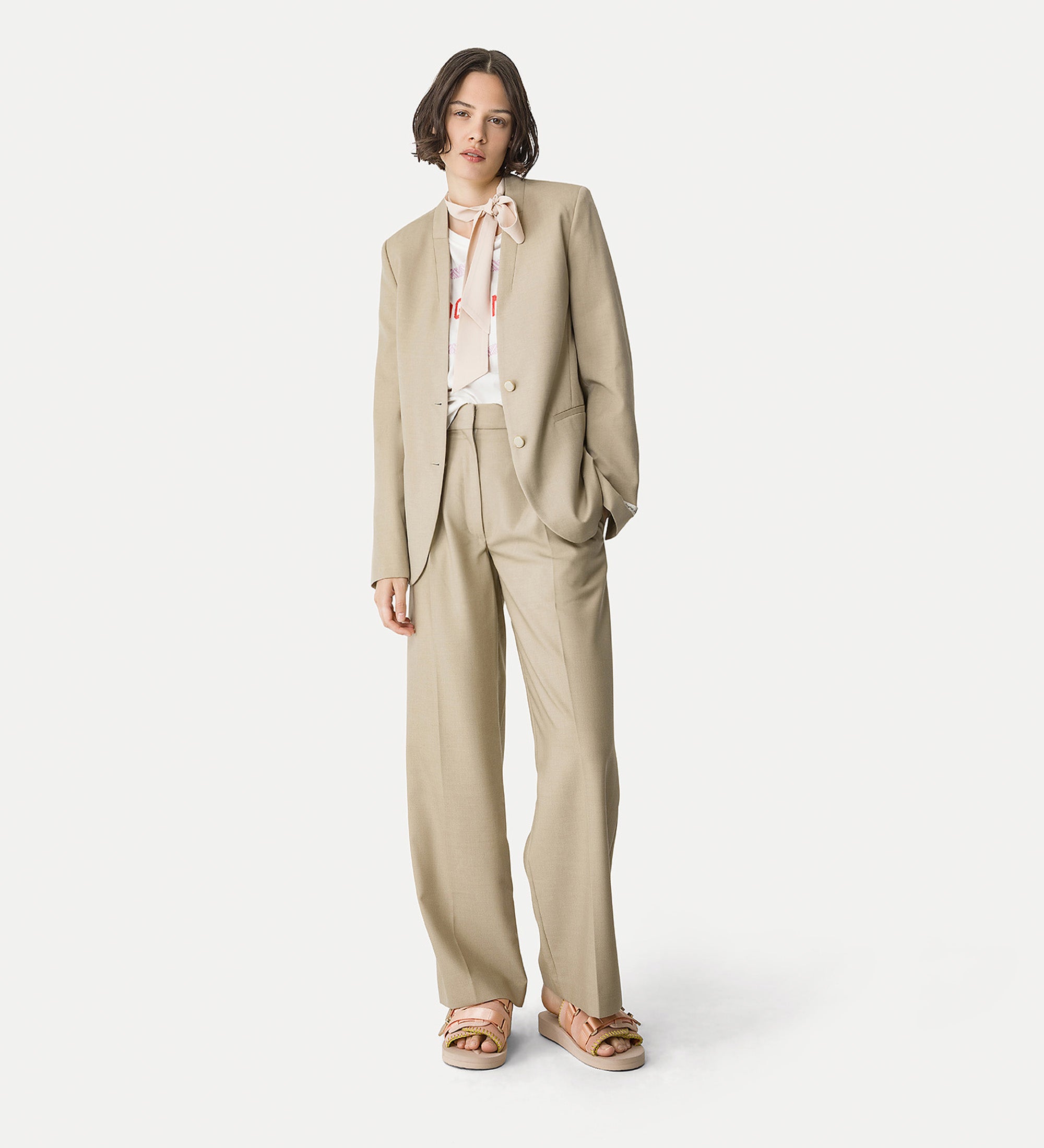 high—waisted trousers in grain de poudre ecru