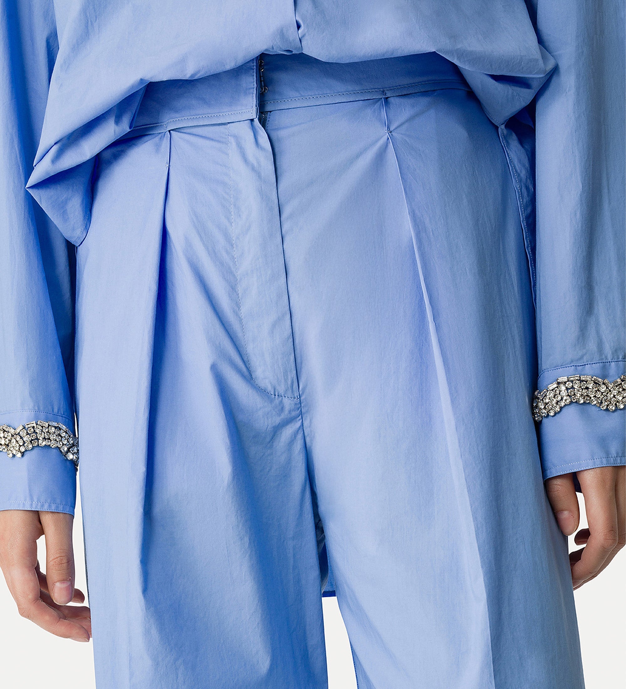 pleated poplin trousers light blue