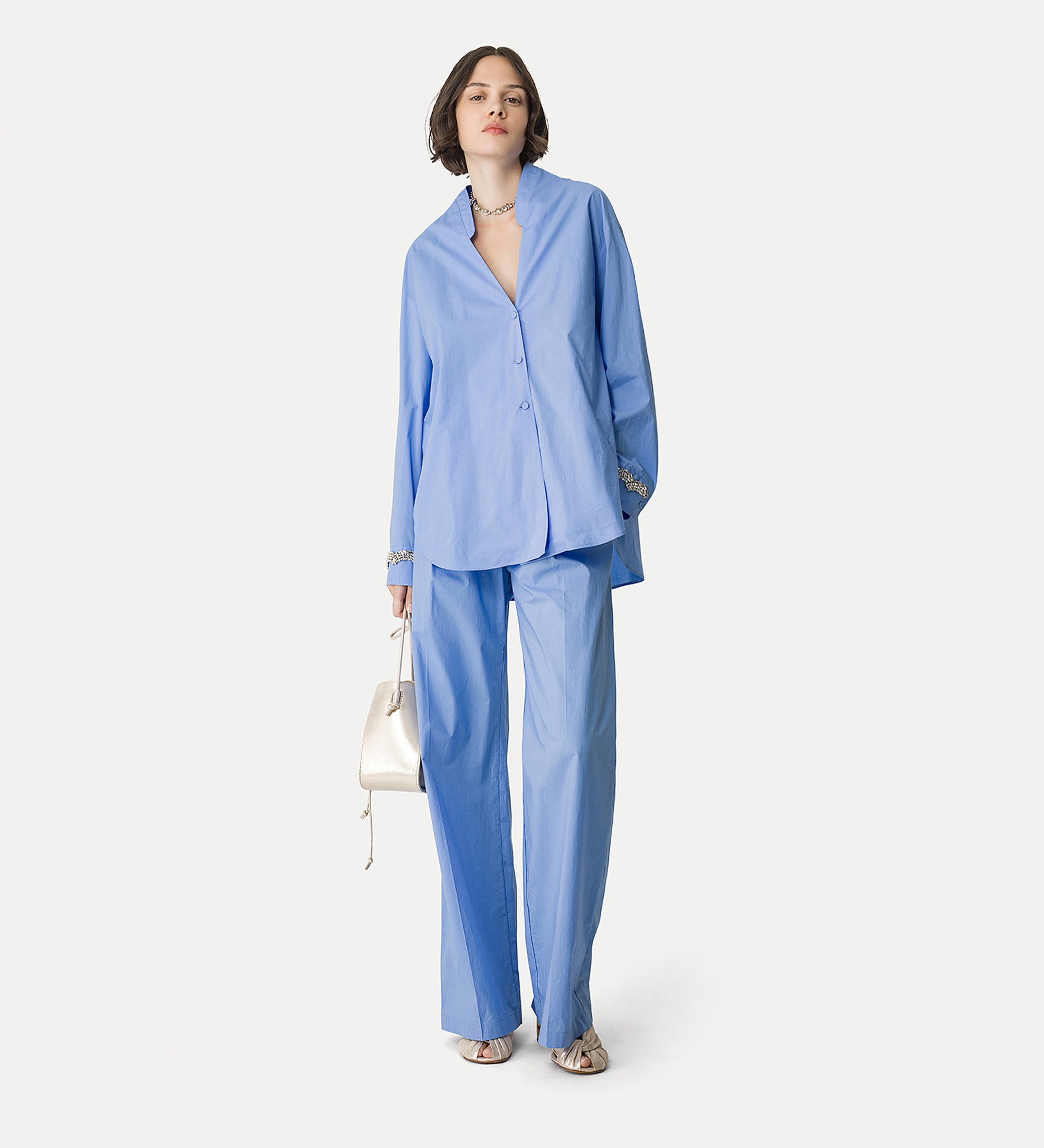 pleated poplin trousers light blue