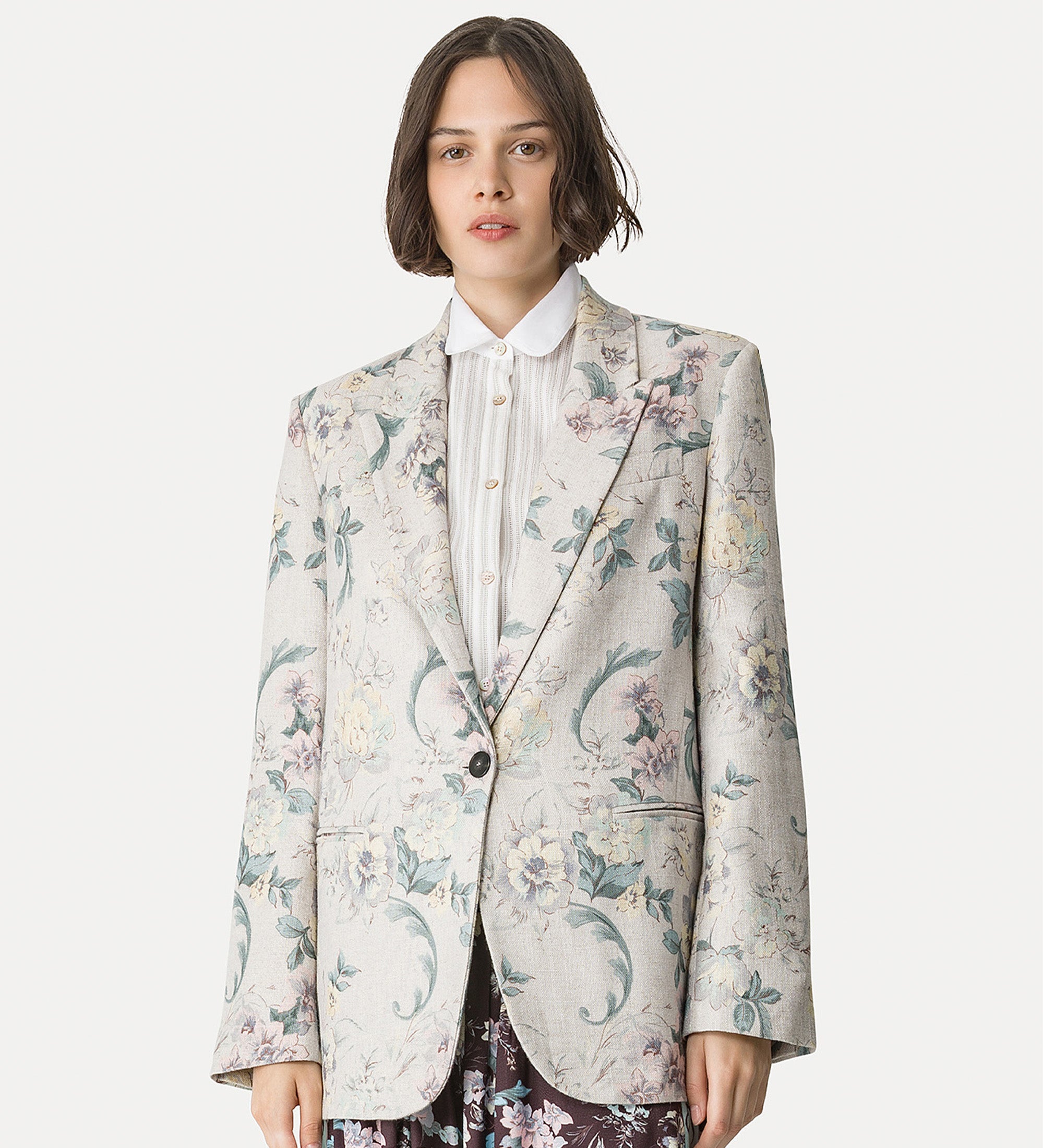 linen—blend hopsack jacket “peonia my love” light blue
