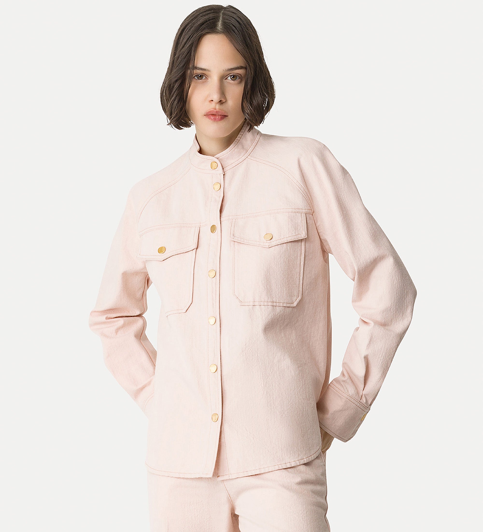mandarin—collar shirt in cavalry denim pink
