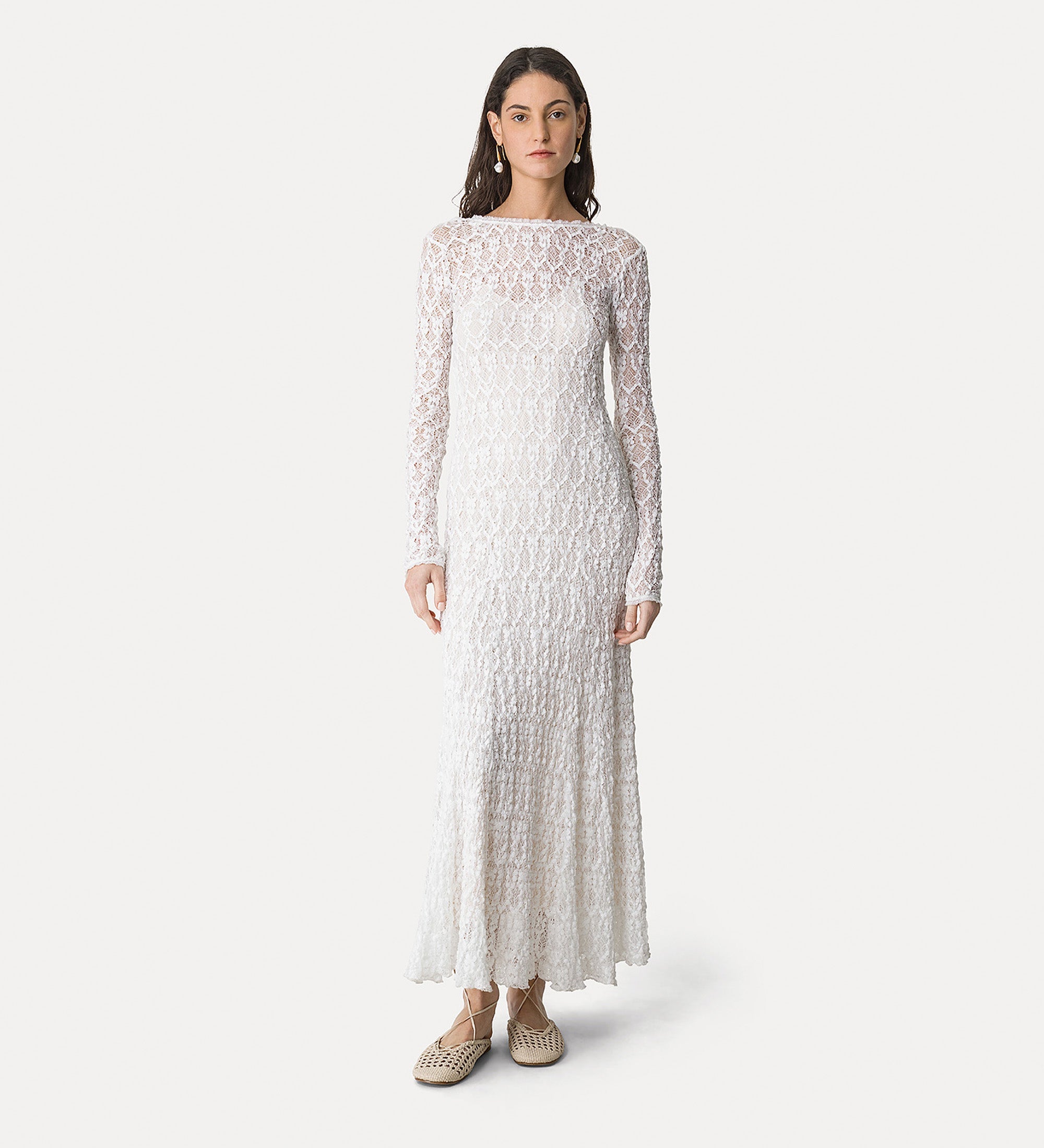 “pizzo stretch” long—sleeved dress with slip crystal