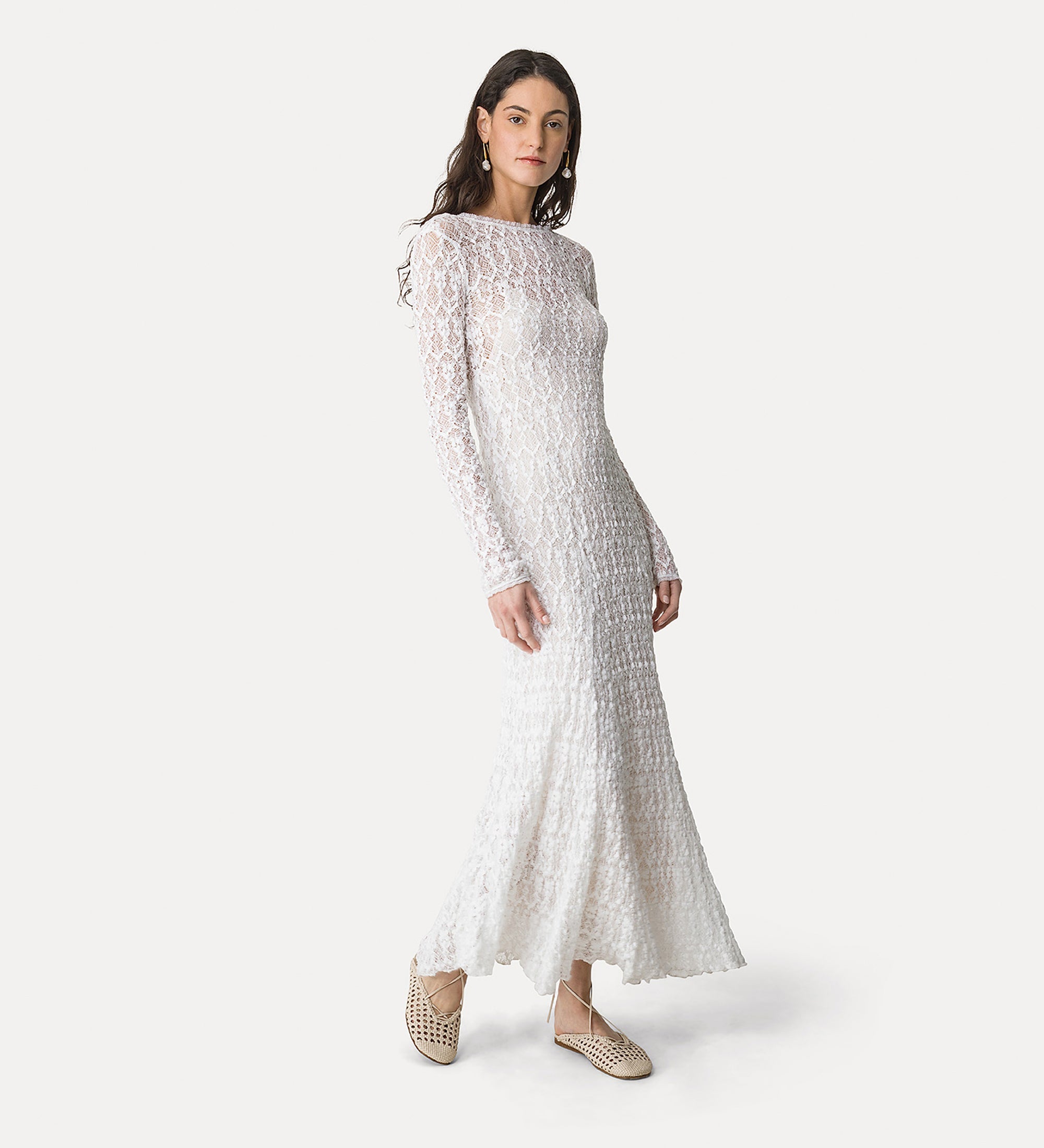 “pizzo stretch” long—sleeved dress with slip crystal