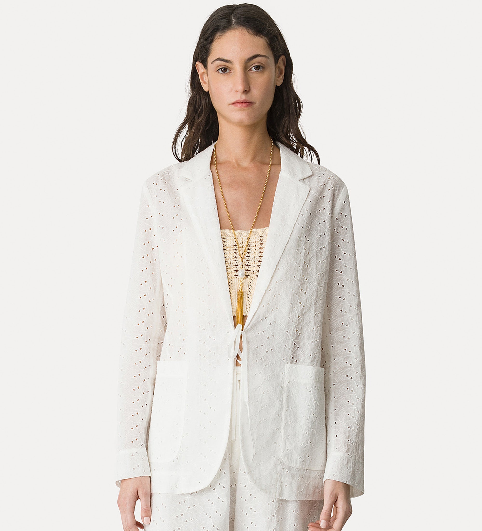 muslin jacket with “broderie anglaise” embroidery crystal