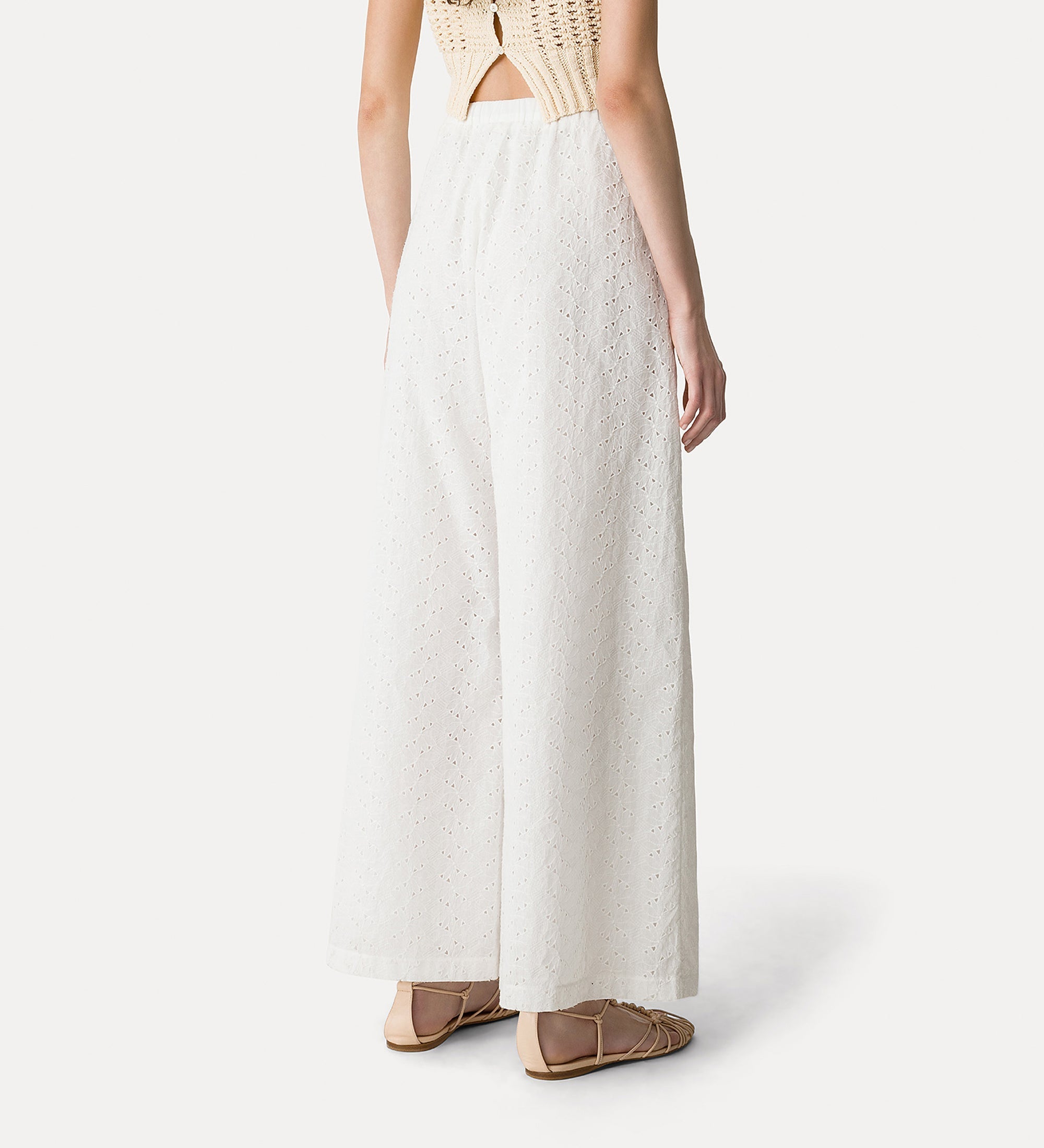 flared muslin trousers with “broderie anglaise” embroidery crystal