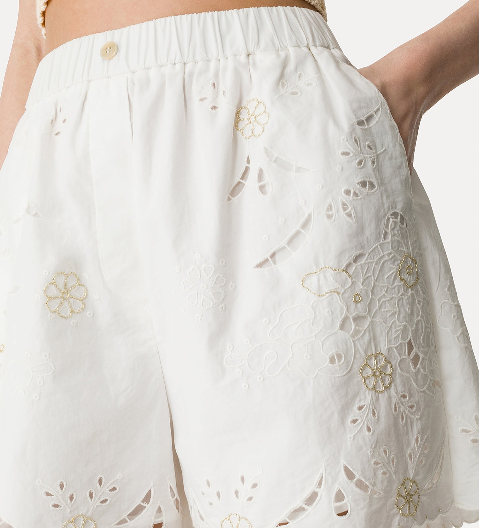 poplin shorts with “lace and glass” embroidery crystal