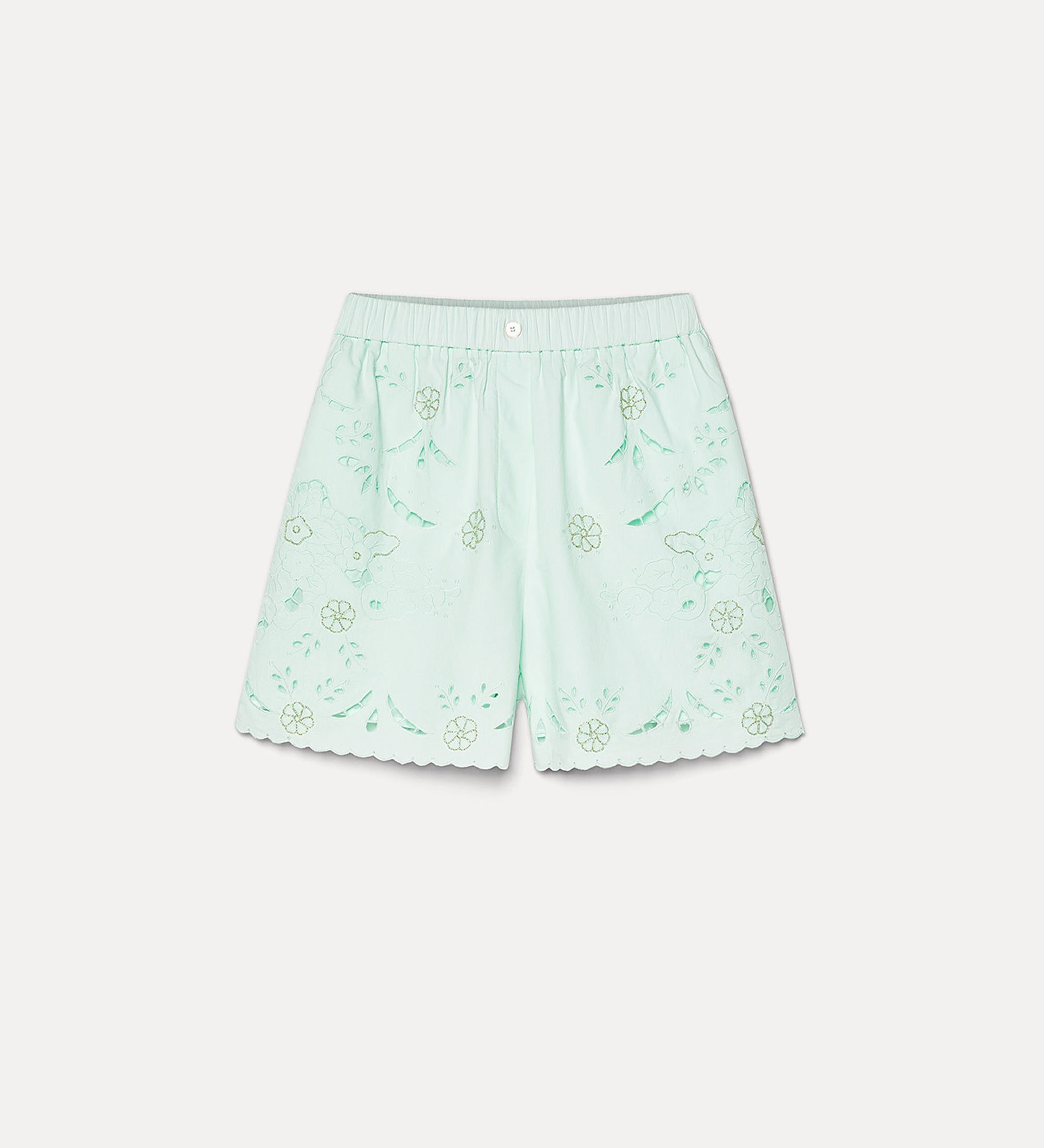 poplin shorts with “lace and glass” embroidery plume