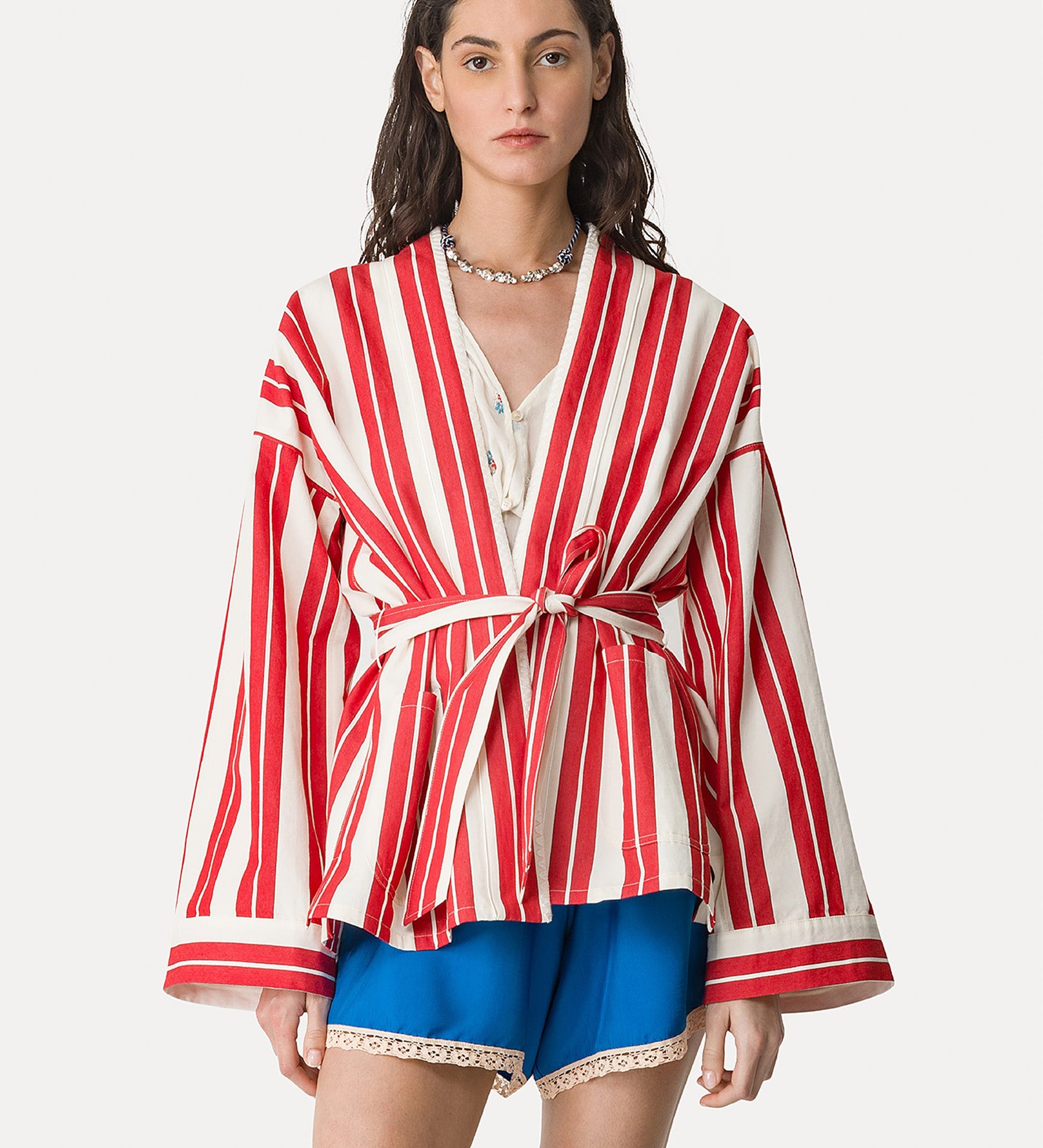 striped cotton and linen kimono with embroidery rouge