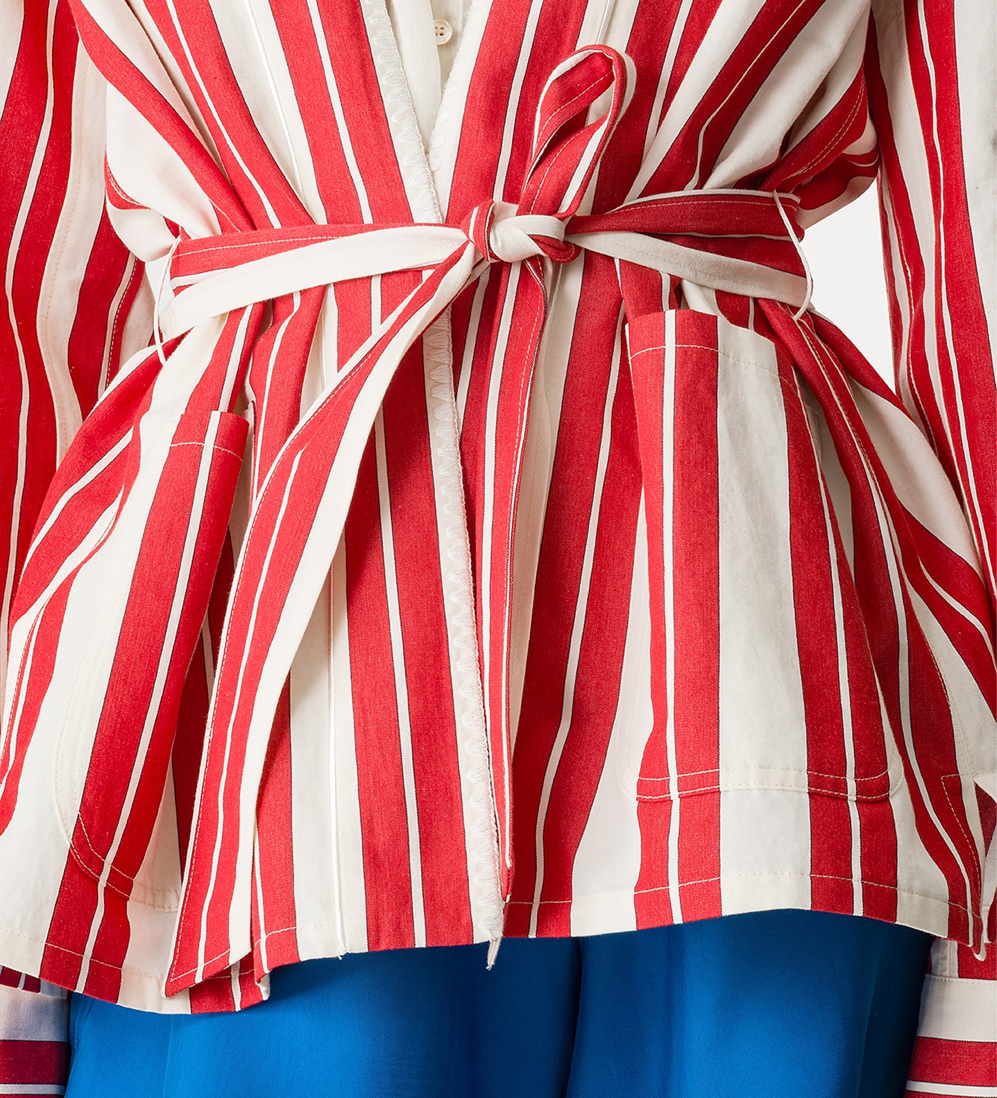 striped cotton and linen kimono with embroidery rouge