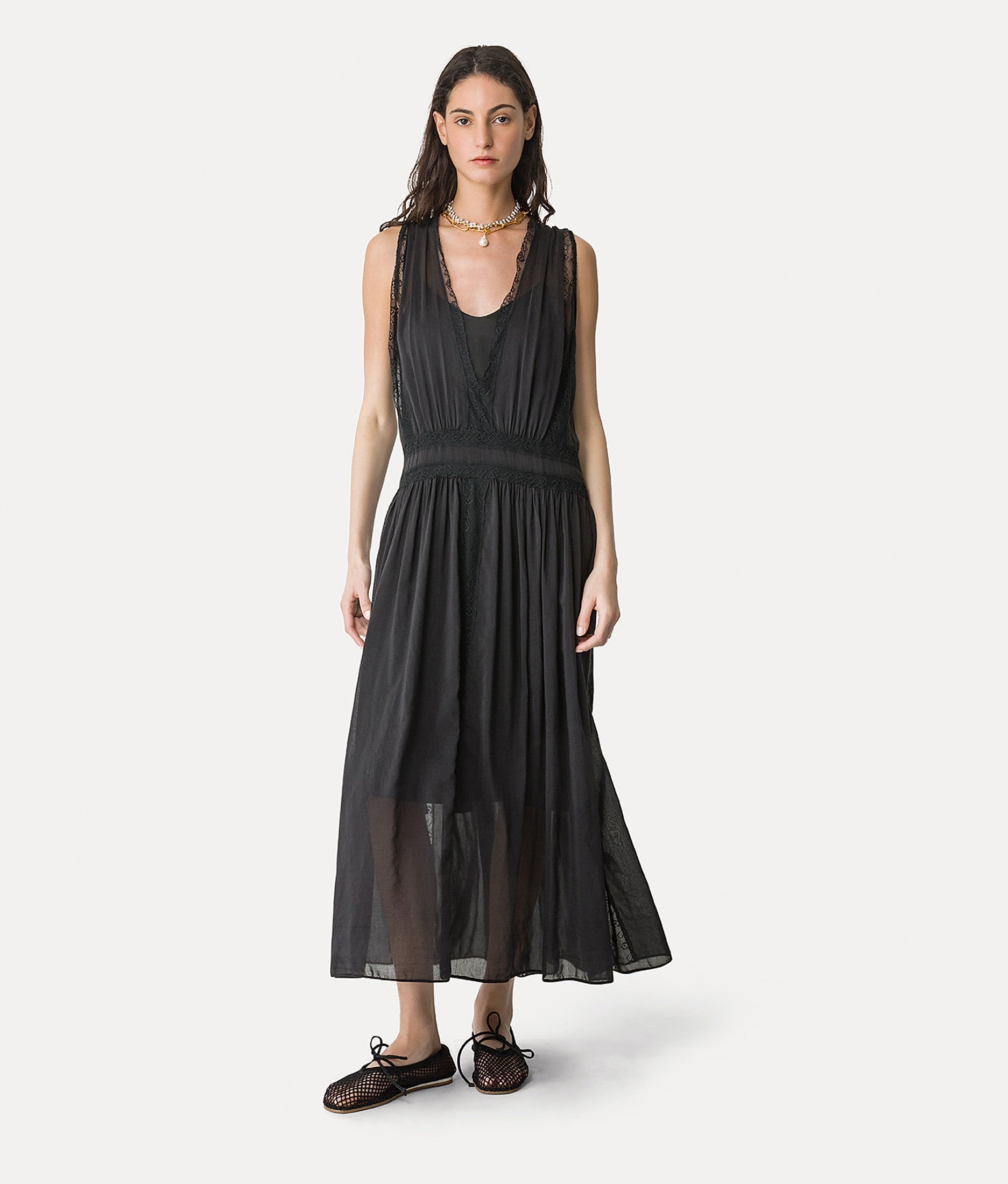 abito midi voile co/se pizzo con sottoveste noir