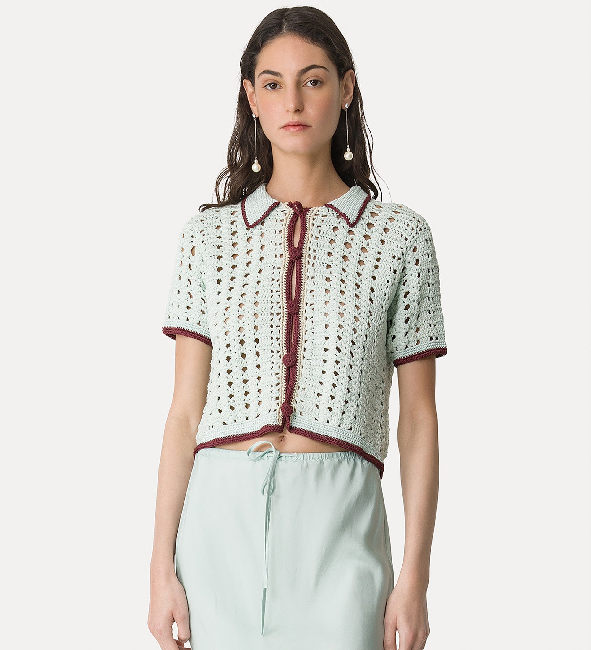 polo cardigan uncinetto fatto a mano "cable' luxe" plume