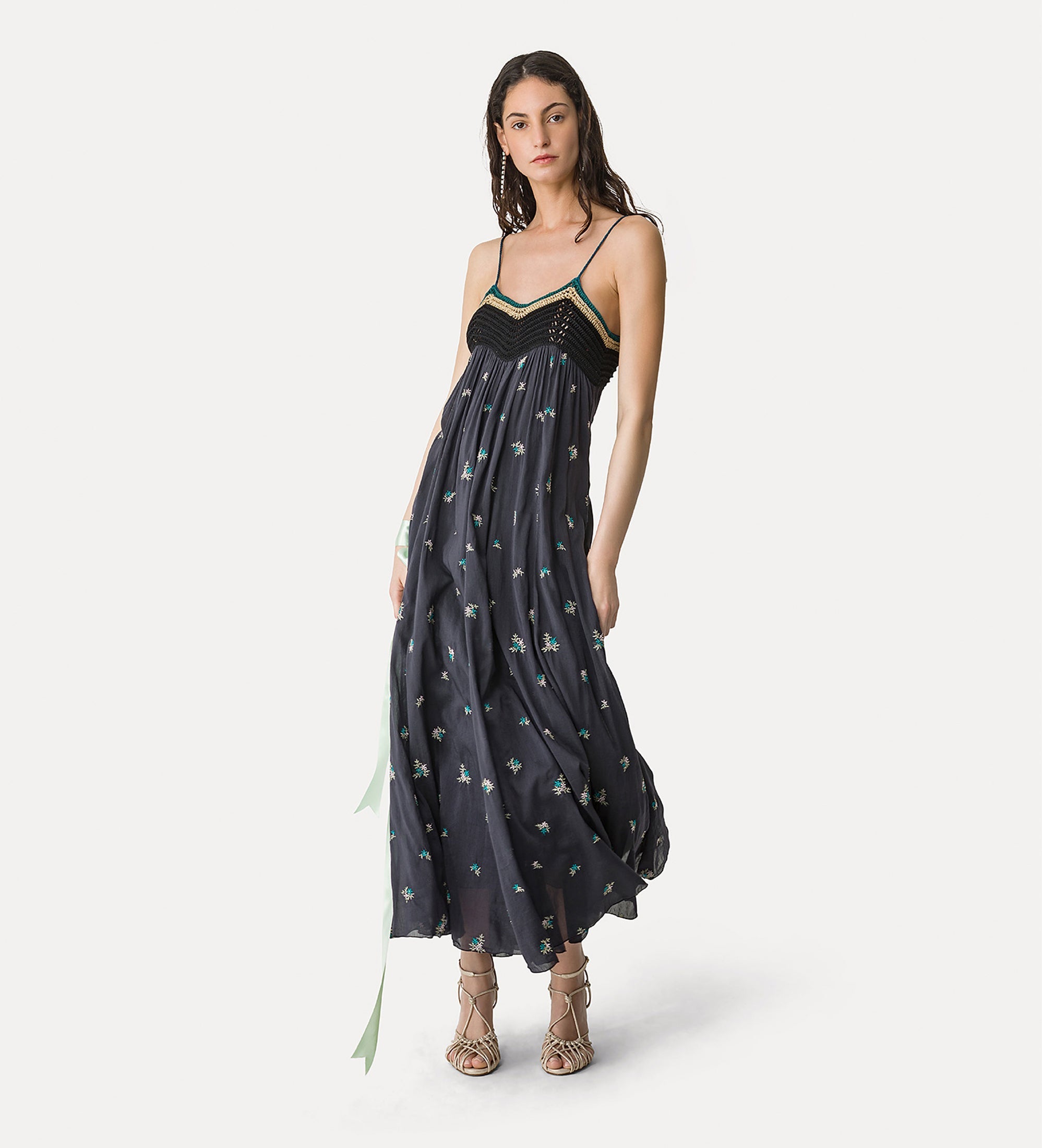 voile bustier dress with “petites fleurs” embroidery midnight