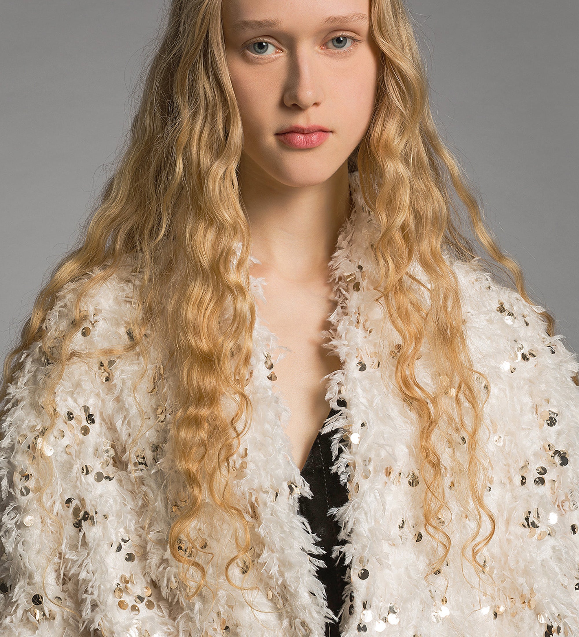 eco—marabou faux—fur coat with golden sequins Avorio