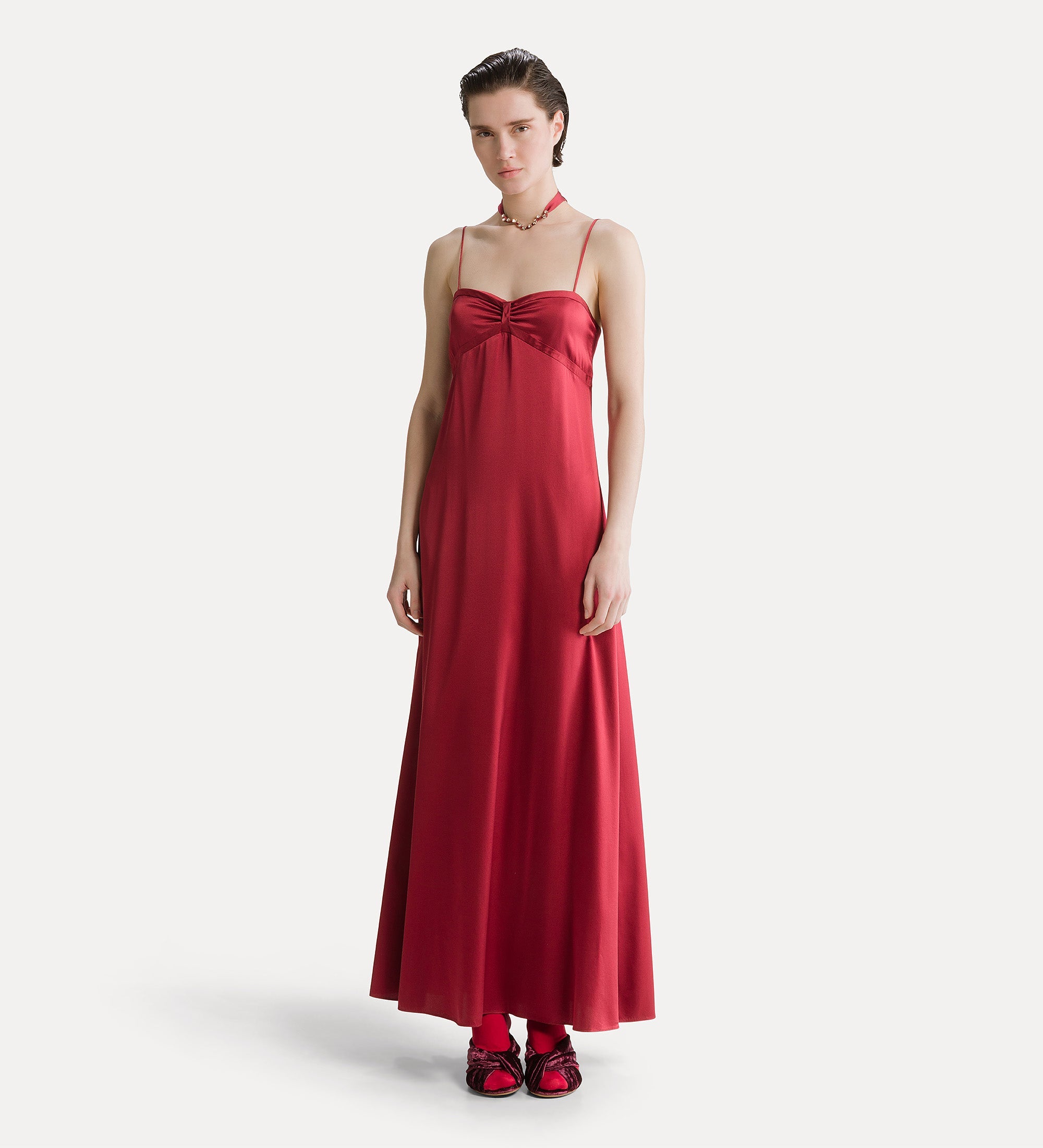 spaghetti strap dress in stretch silk satin pomegranate