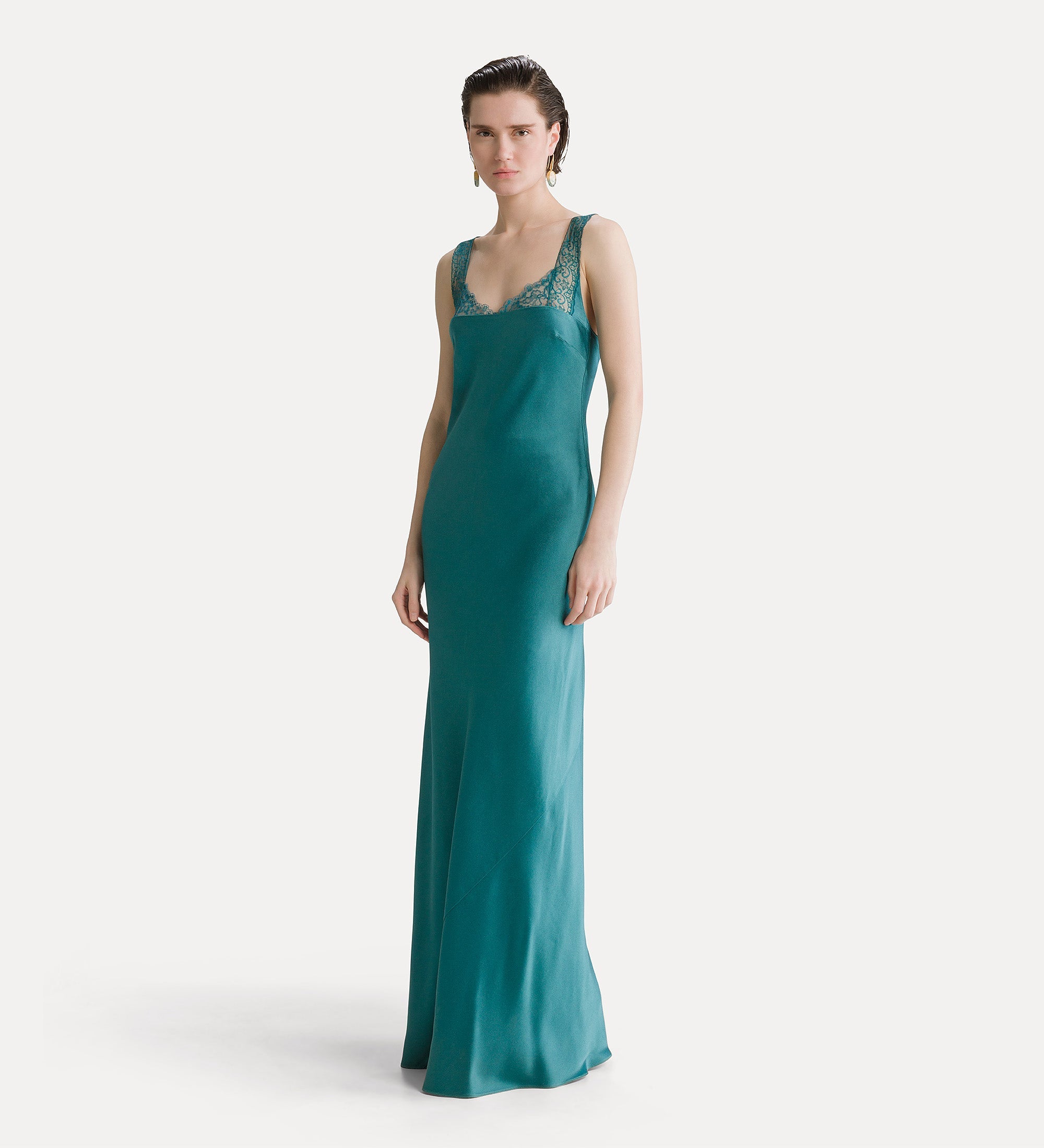 abito lungo scollo pizzo envers satin jade