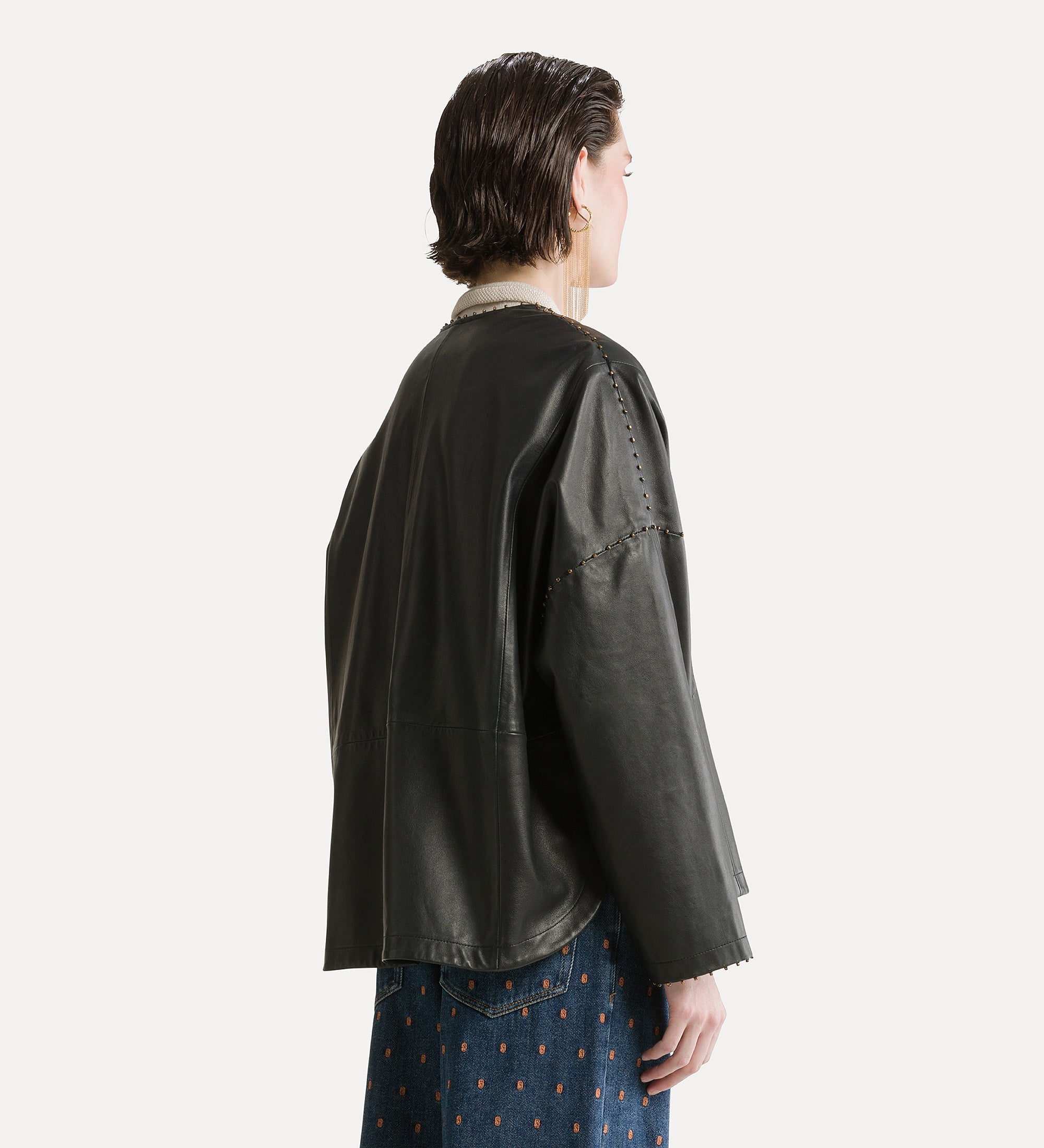 beaded nappa leather kimono jacket petrole