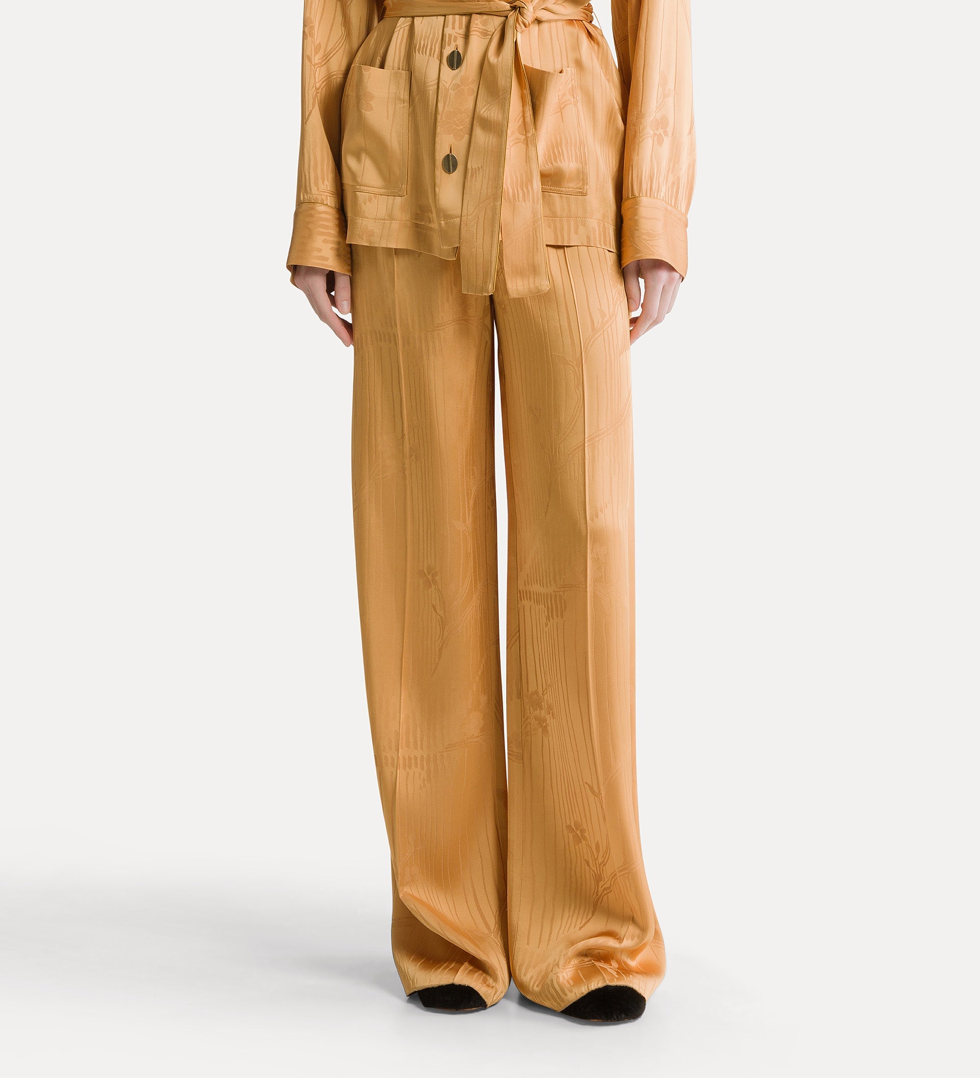 “the lotus” high–waisted jacquard trousers heliodore