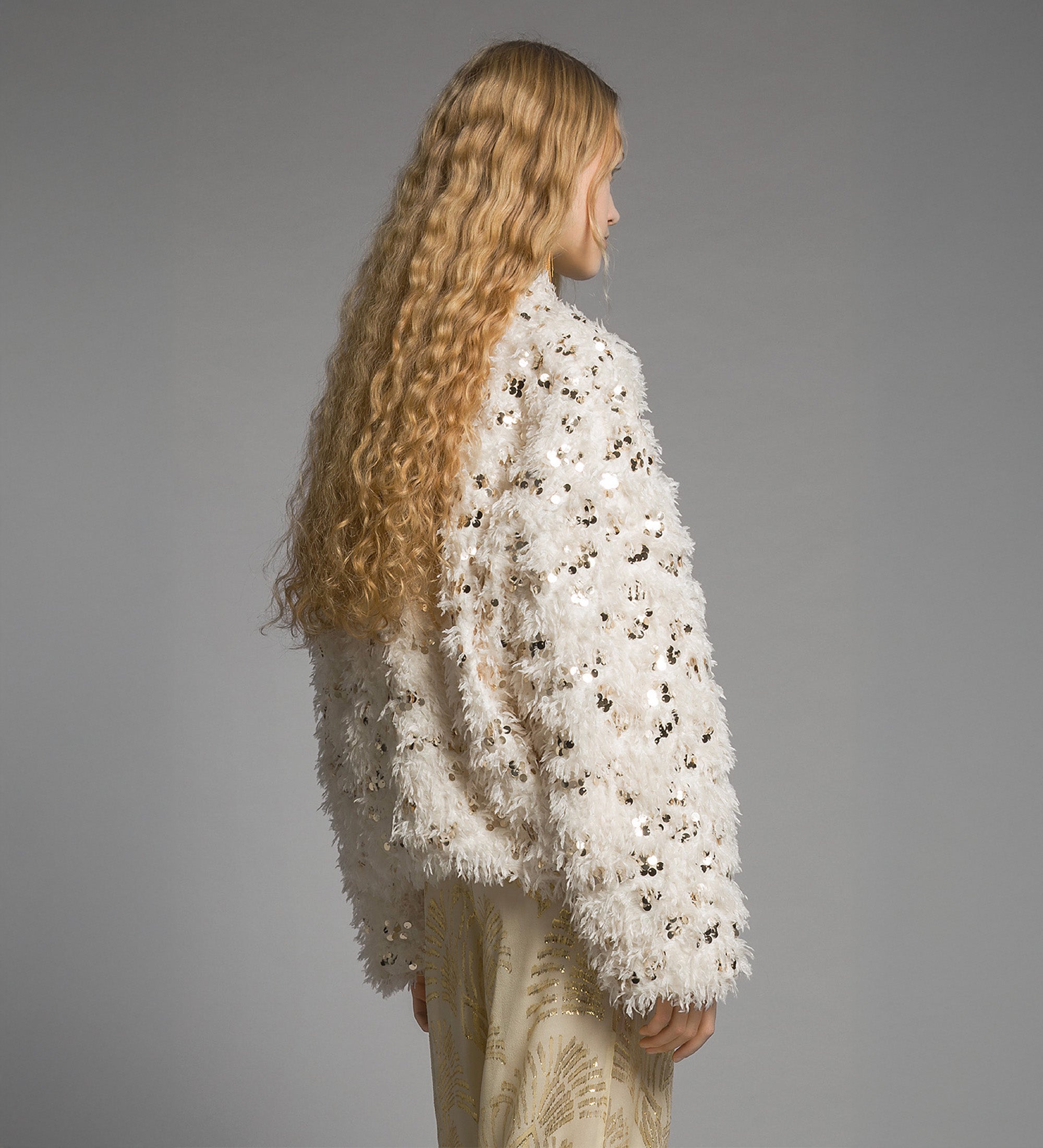 eco—marabou faux—fur bomber jacket with golden sequins Avorio