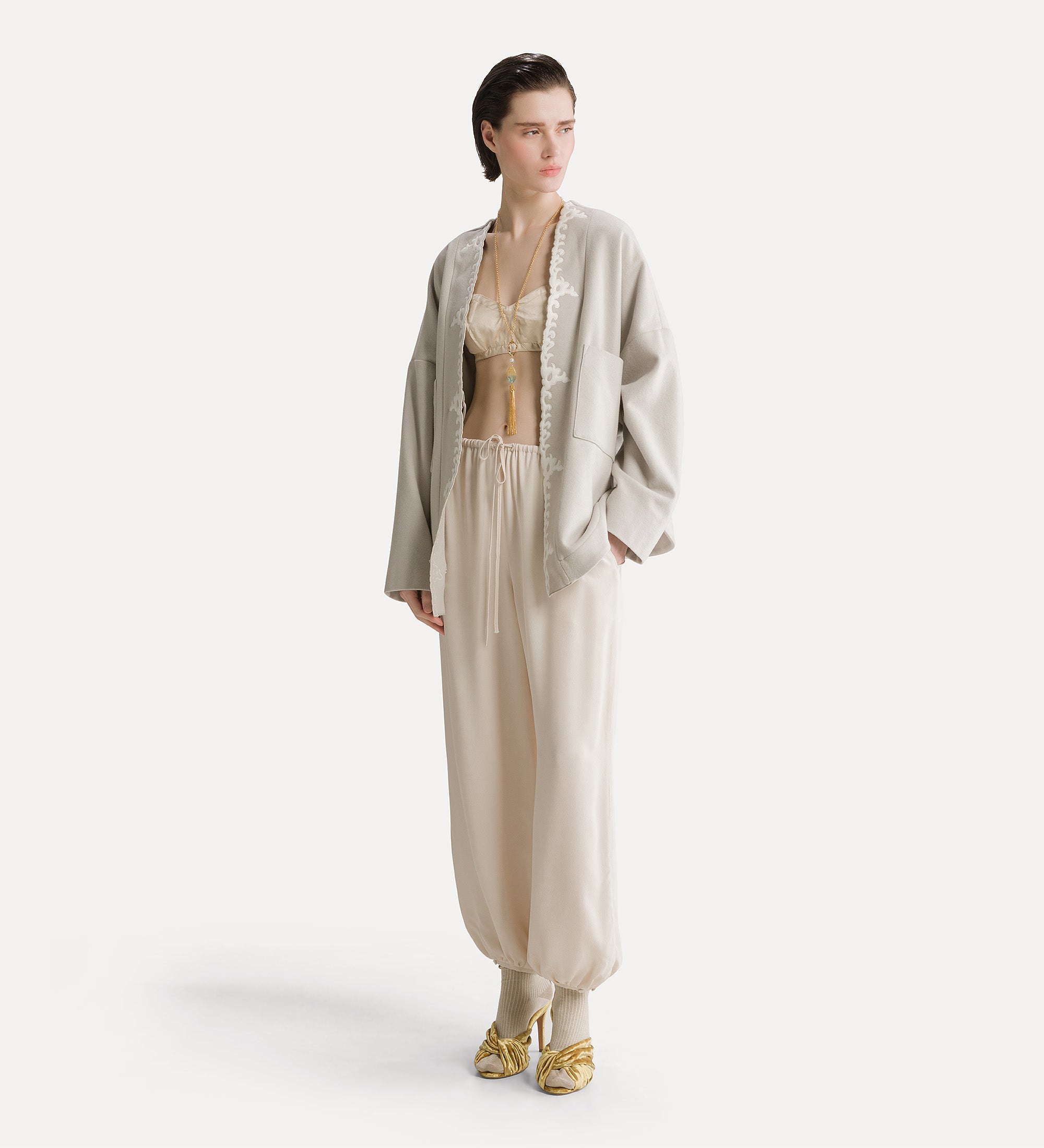 sarouel trousers in silk–blend marocaine avorio