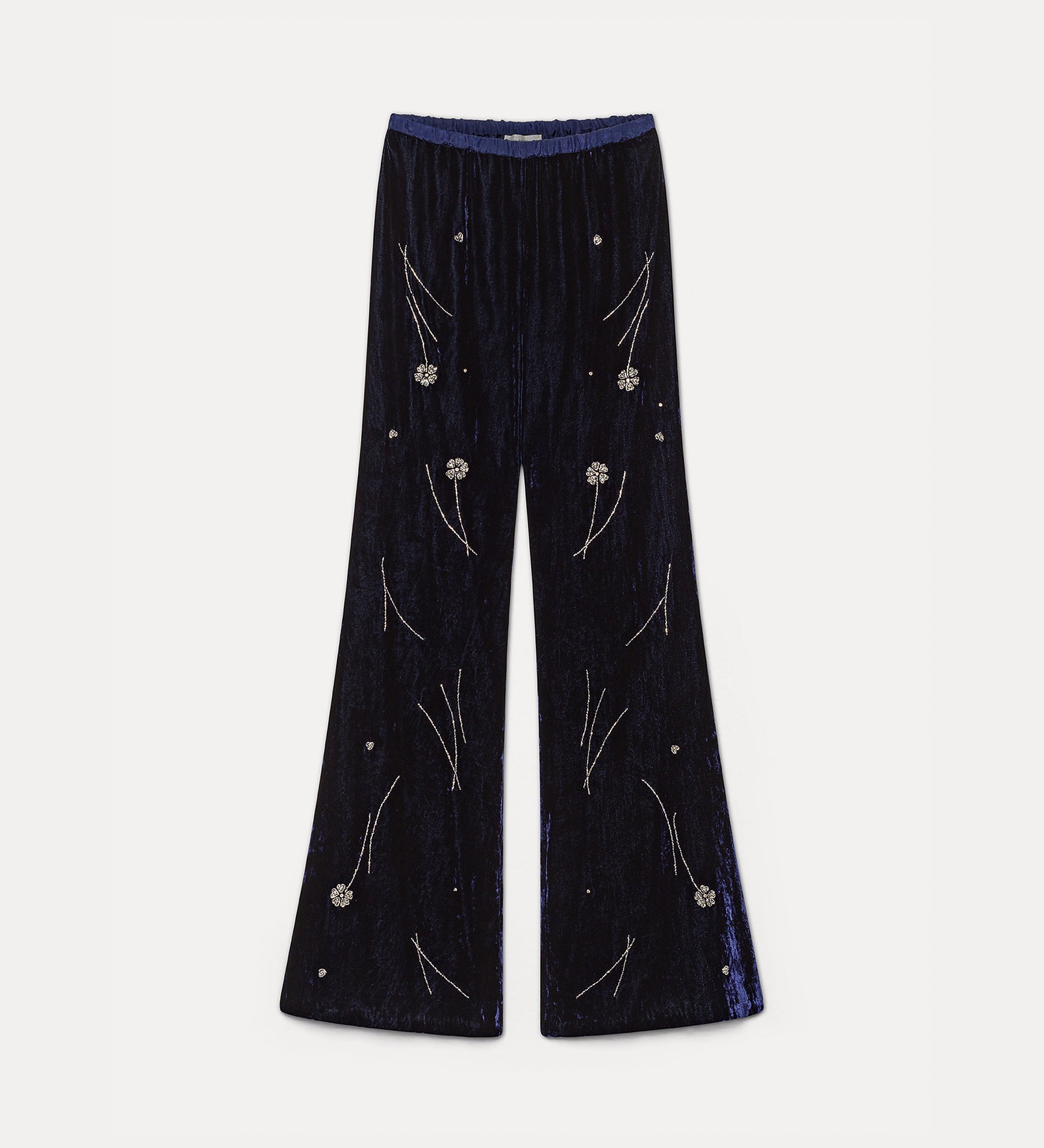 pantalone velluto crash ricamo "fleurs d'orient" notte