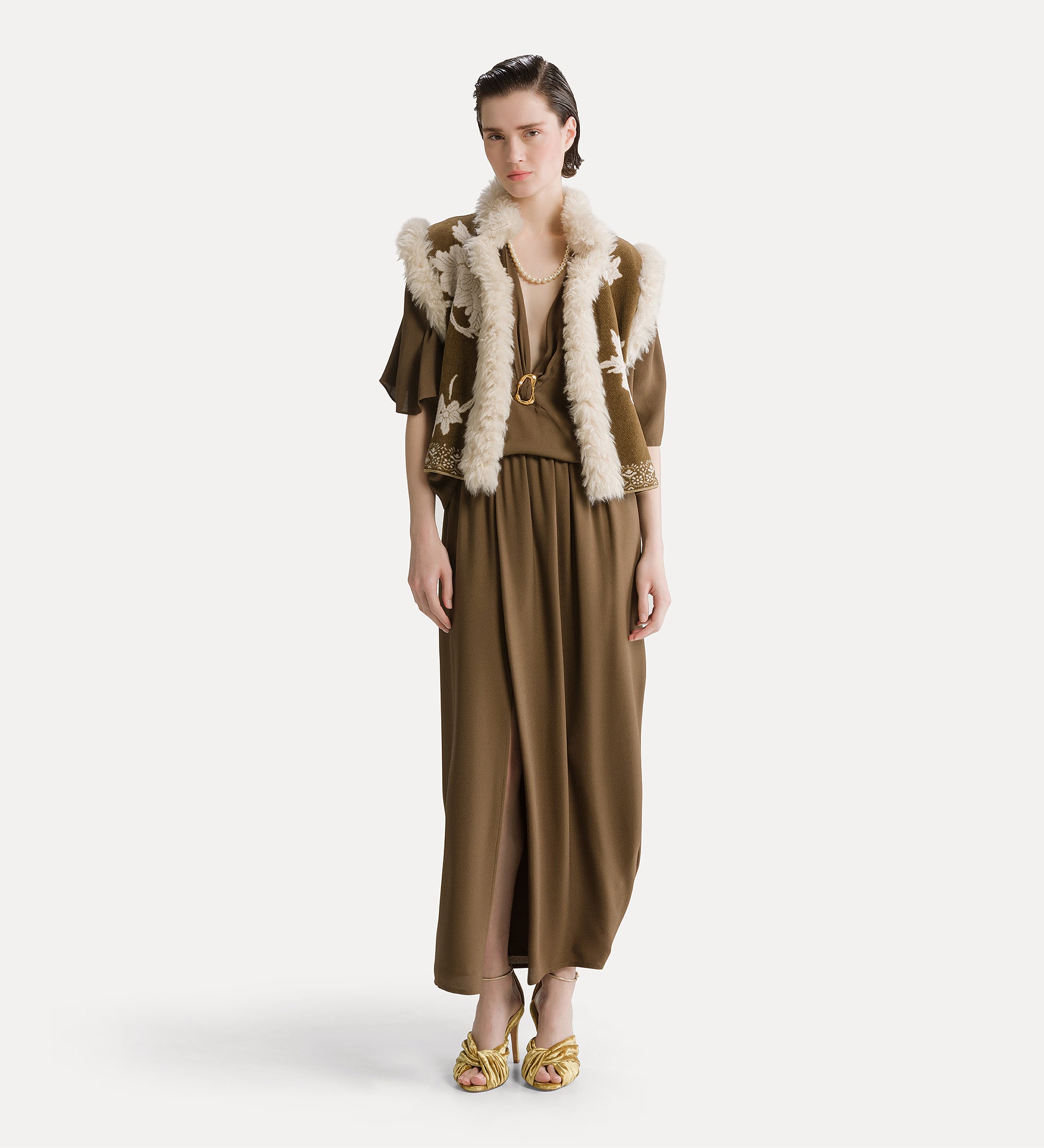 gilet bordi eco fur jaquard ciniglia "the lotus" cumino