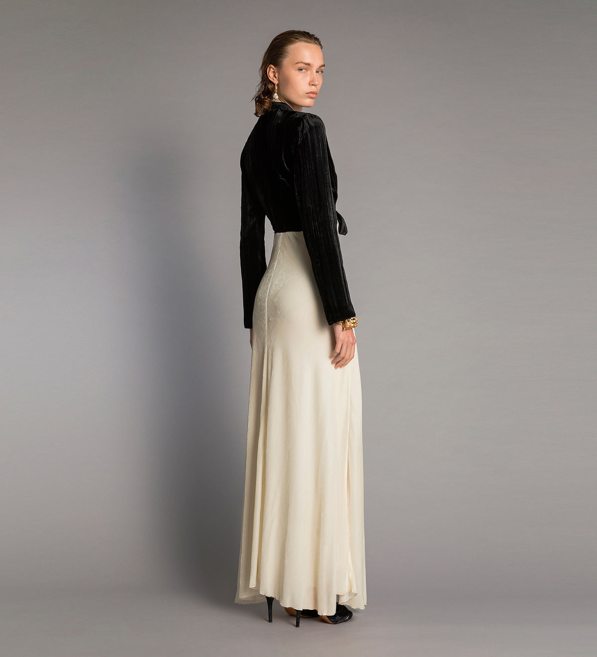 velvet and cupro dress with lace black
