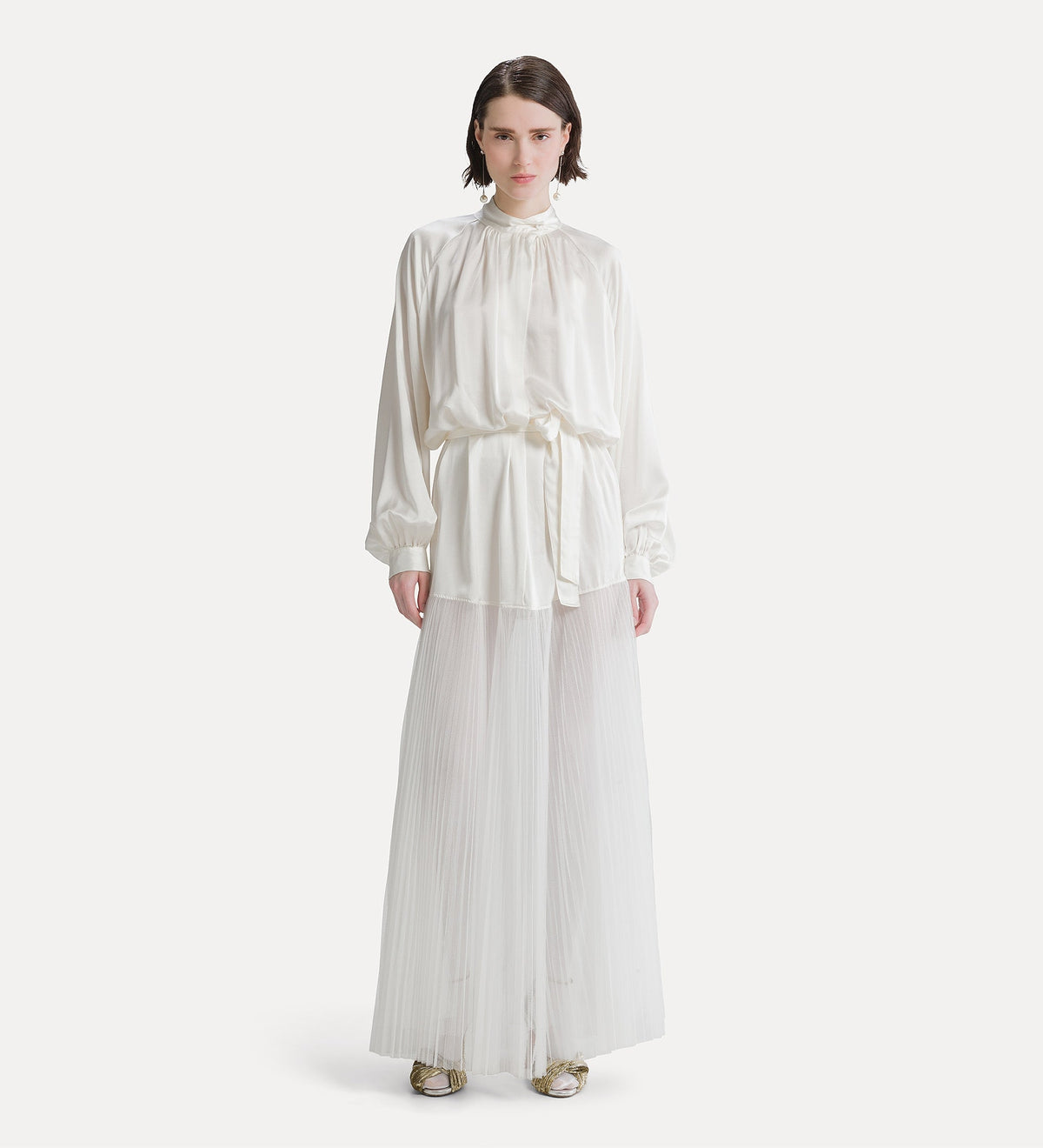 silk satin dress with a plissé-pleated tulle skirt diamond