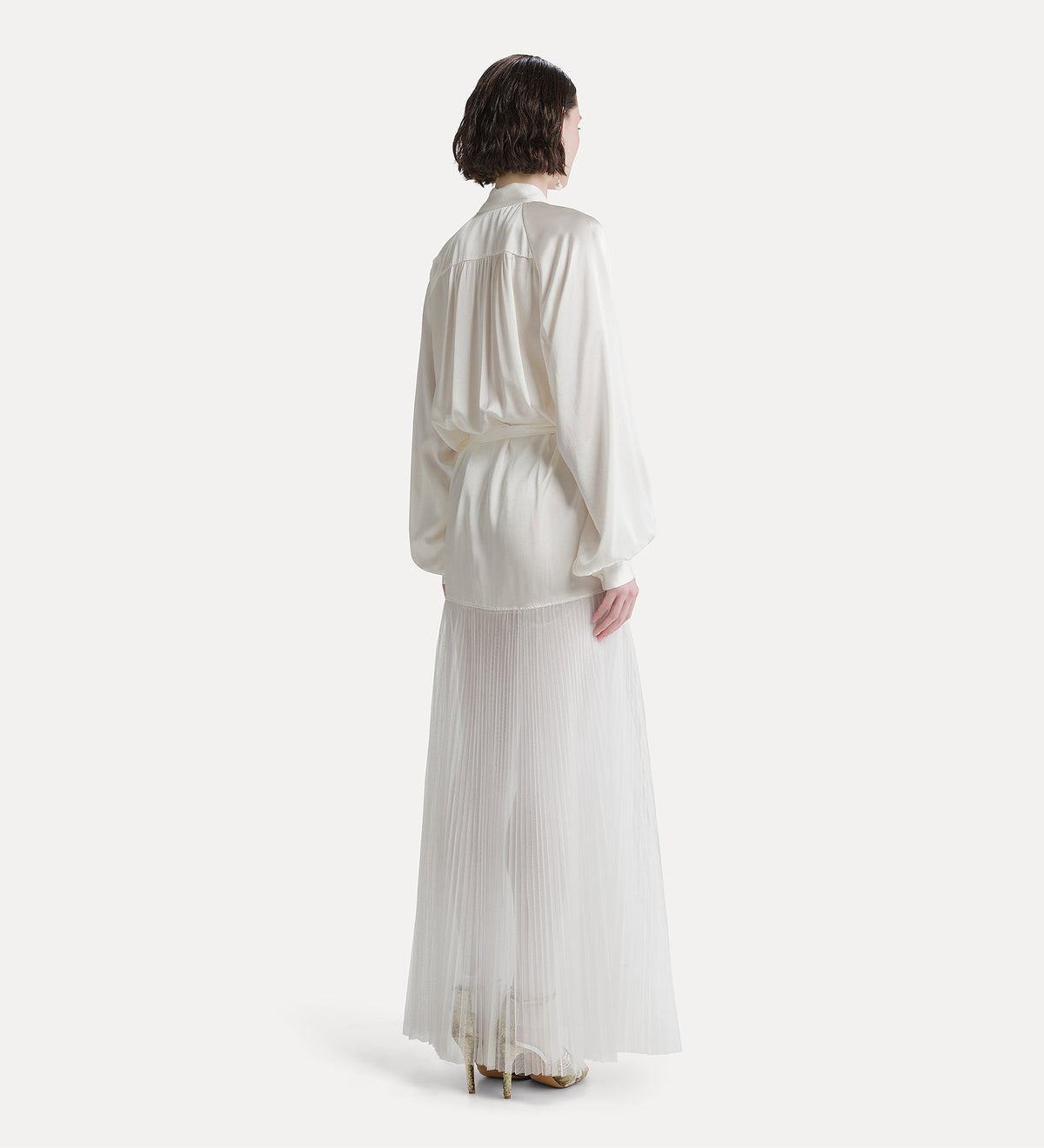 silk satin dress with a plissé-pleated tulle skirt diamond