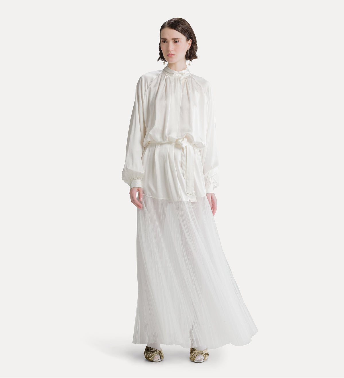 silk satin dress with a plissé-pleated tulle skirt diamond