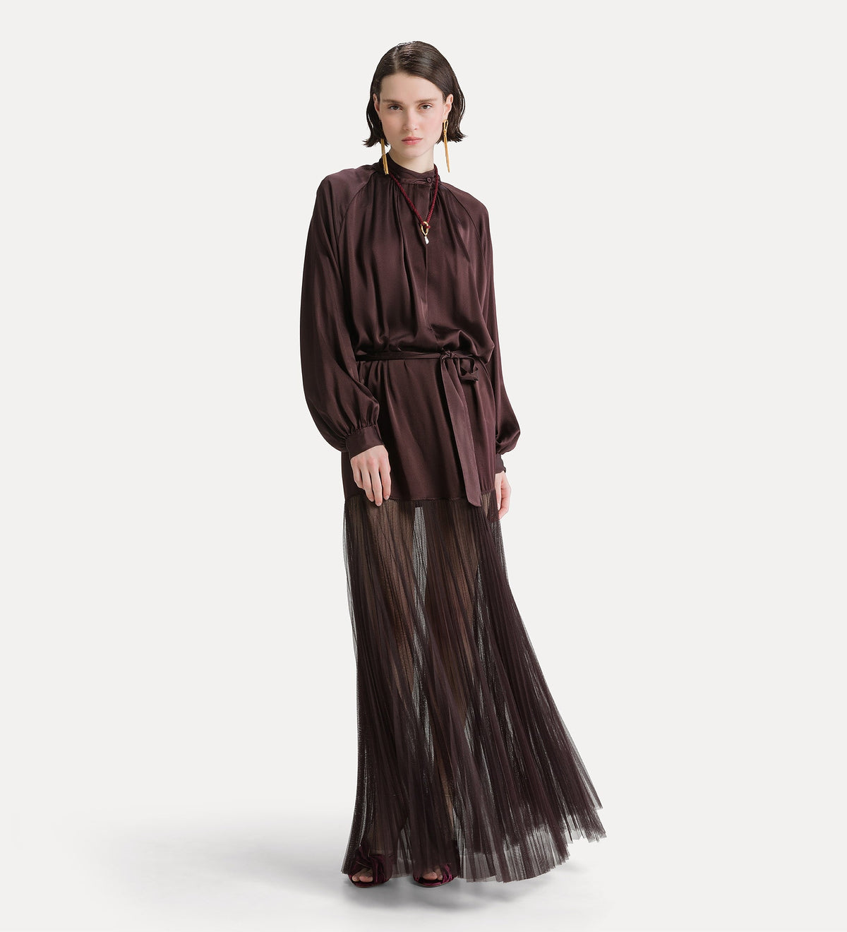 silk satin dress with a plissé-pleated tulle skirt diamond