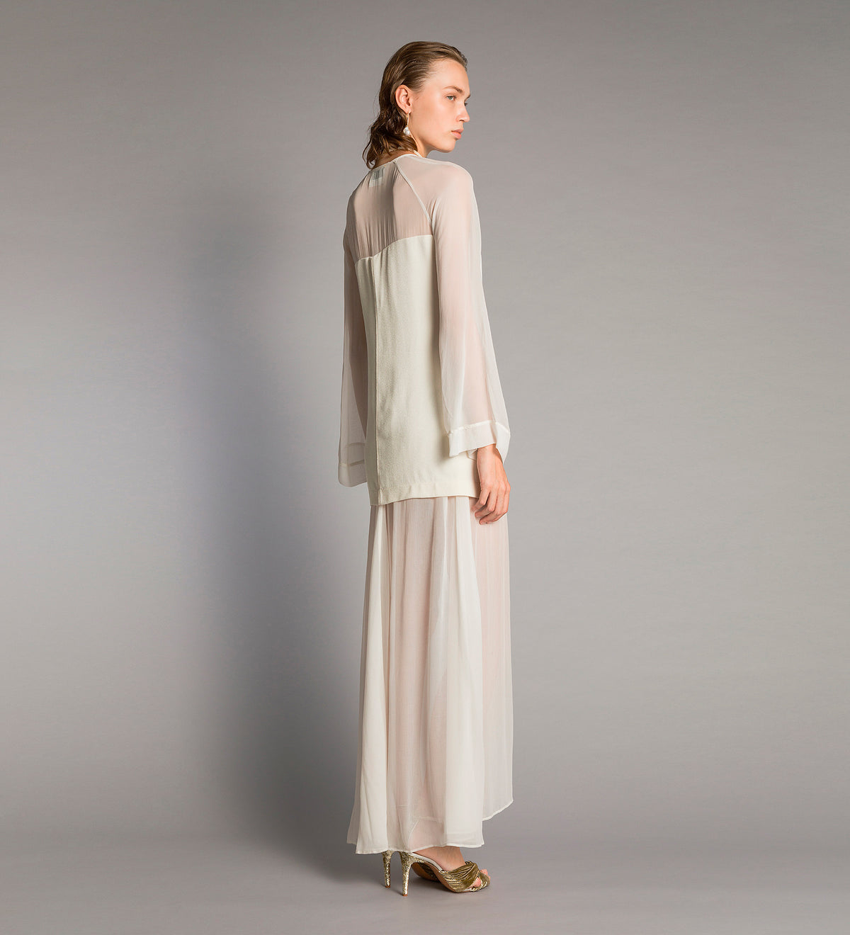 georgette and crepe long dress with a bow and tassels diamond
