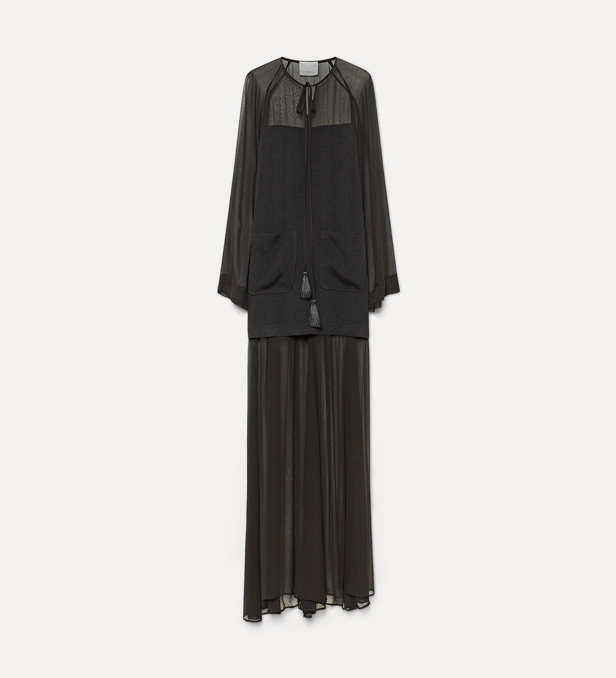 georgette and crepe long dress with a bow and tassels black