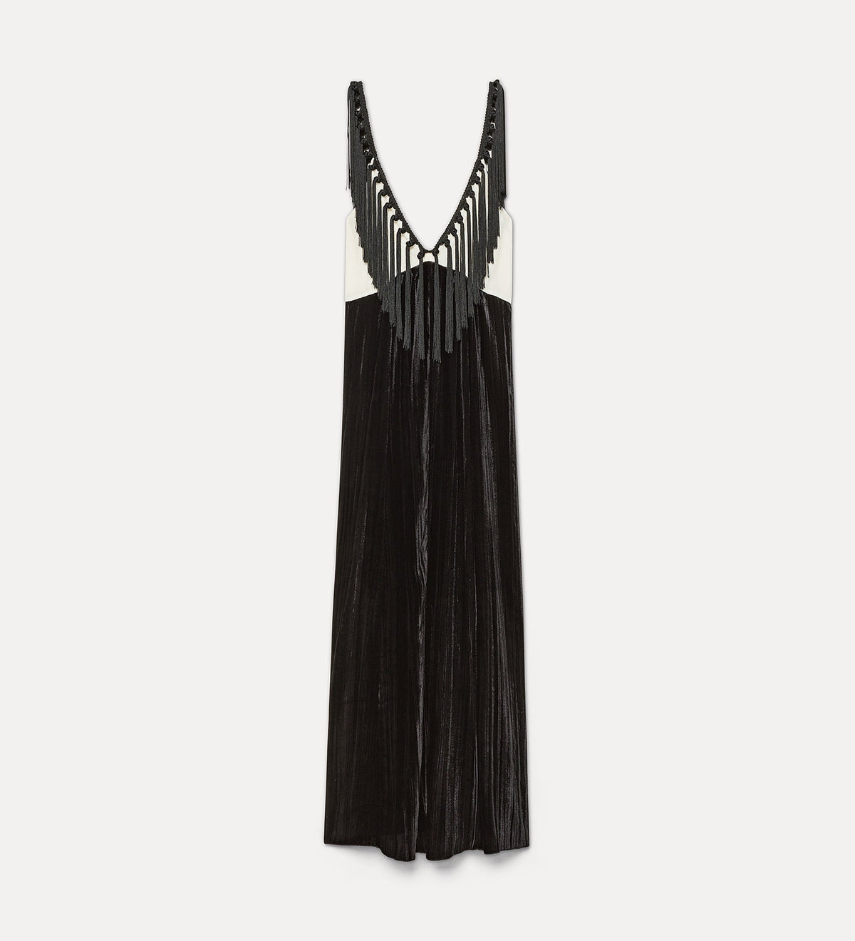 slip dress in velluto color block con frange black