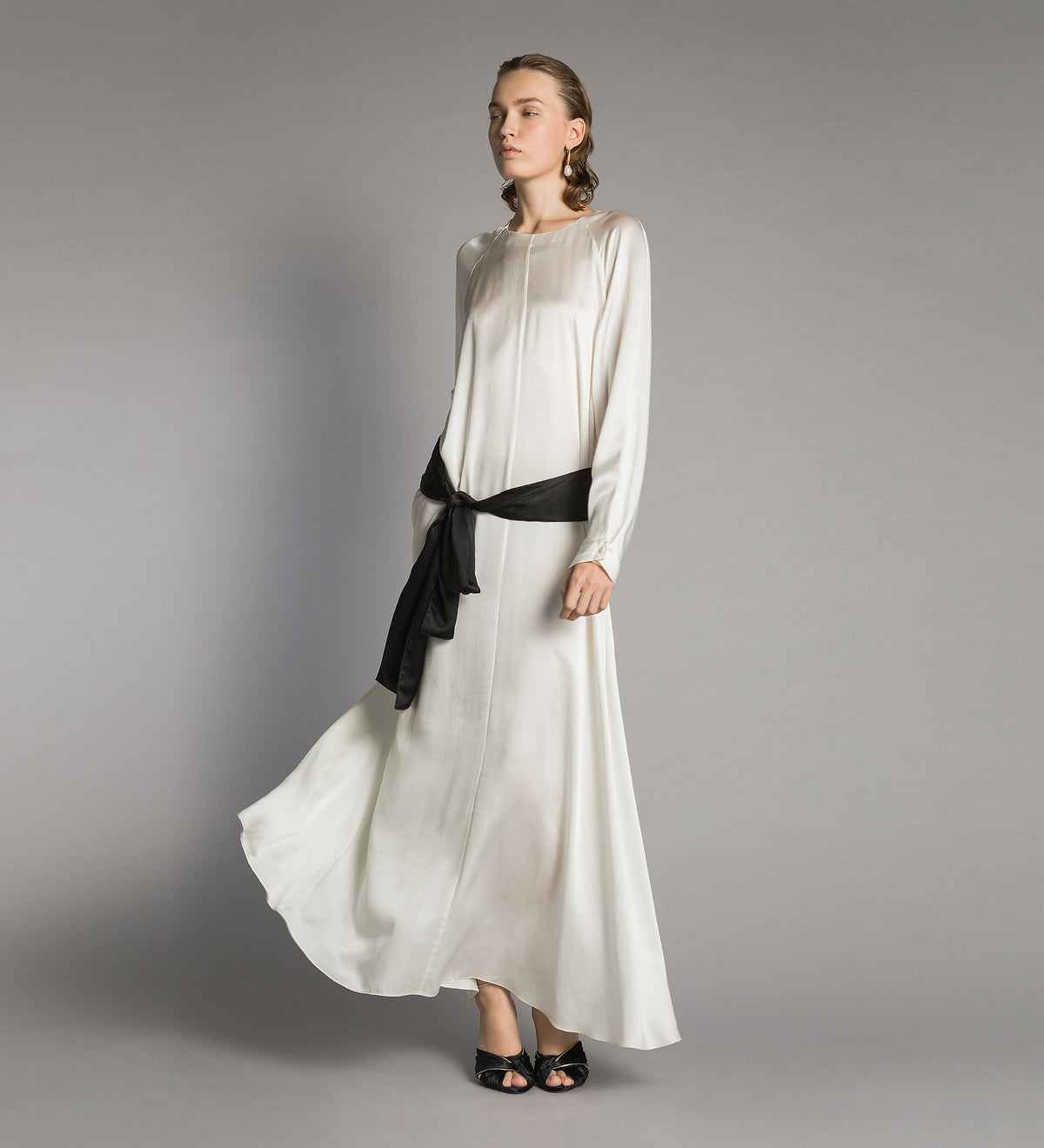 heavy silk satin dress with sash diamond