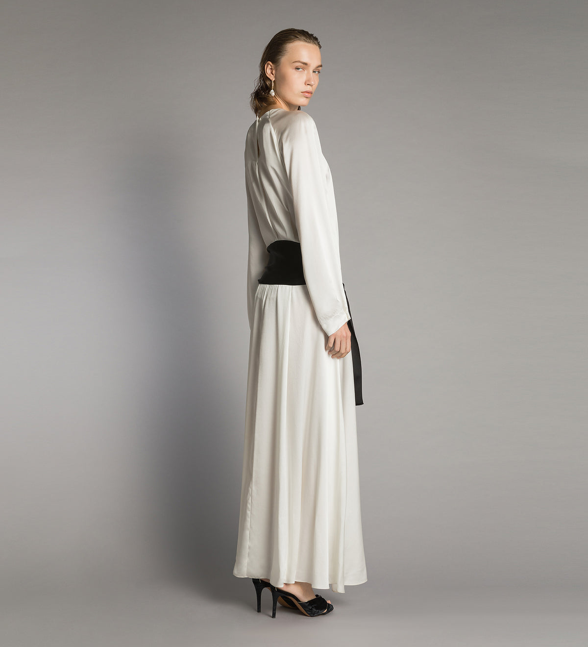heavy silk satin dress with sash diamond
