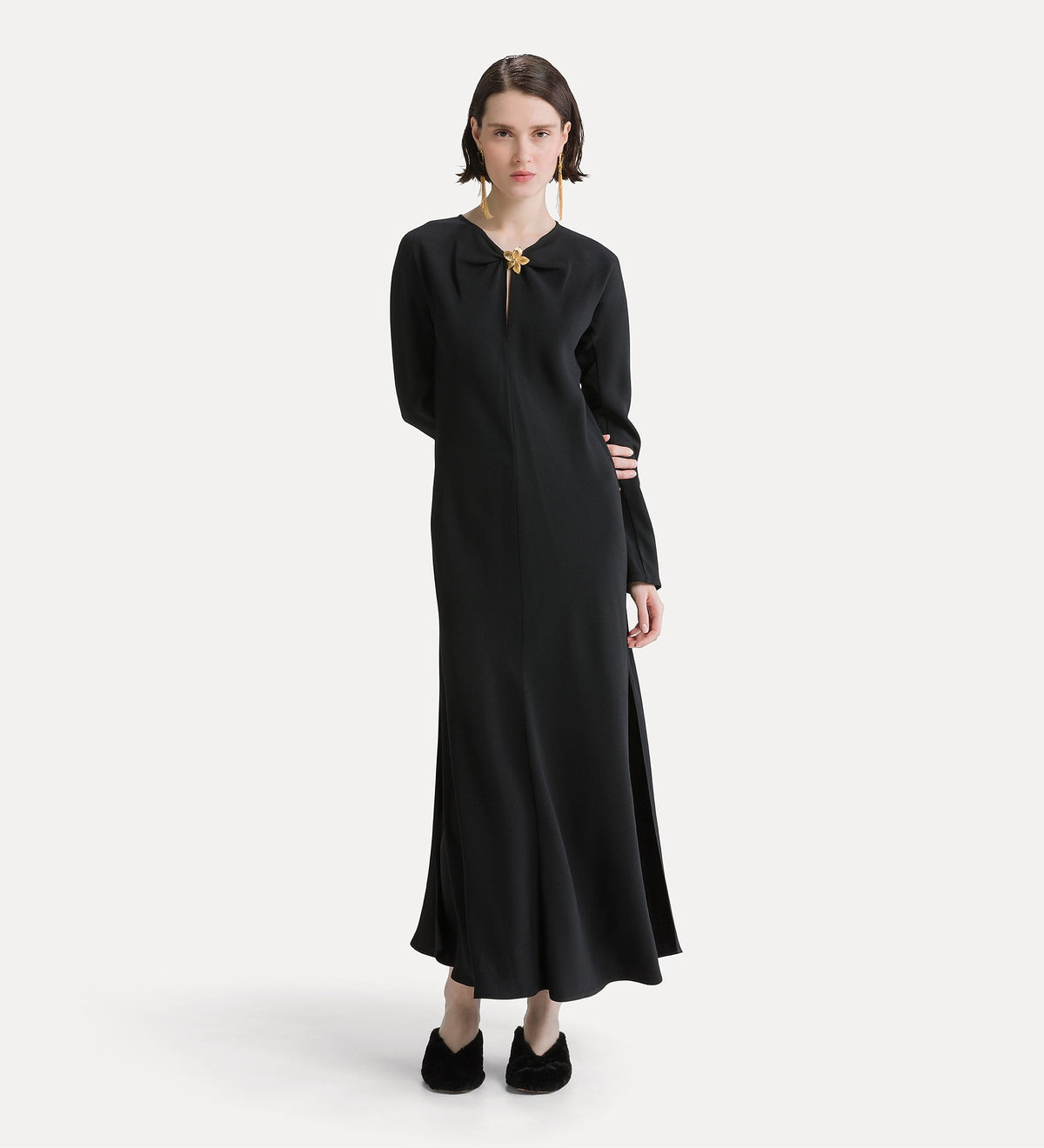envers satin dress with jewel flower black