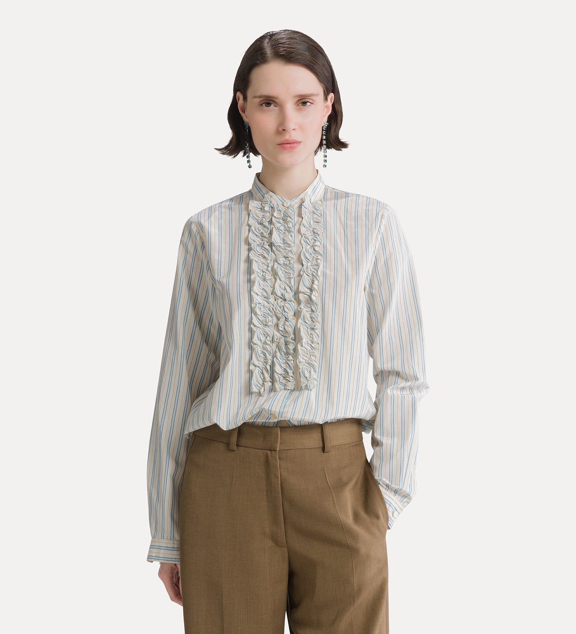 camicia a righe con ruches celestial