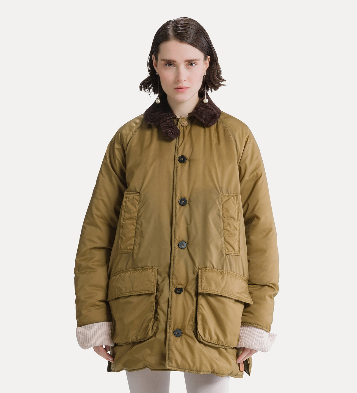 veste british midi en nylon avec détails en velours côtelé gold