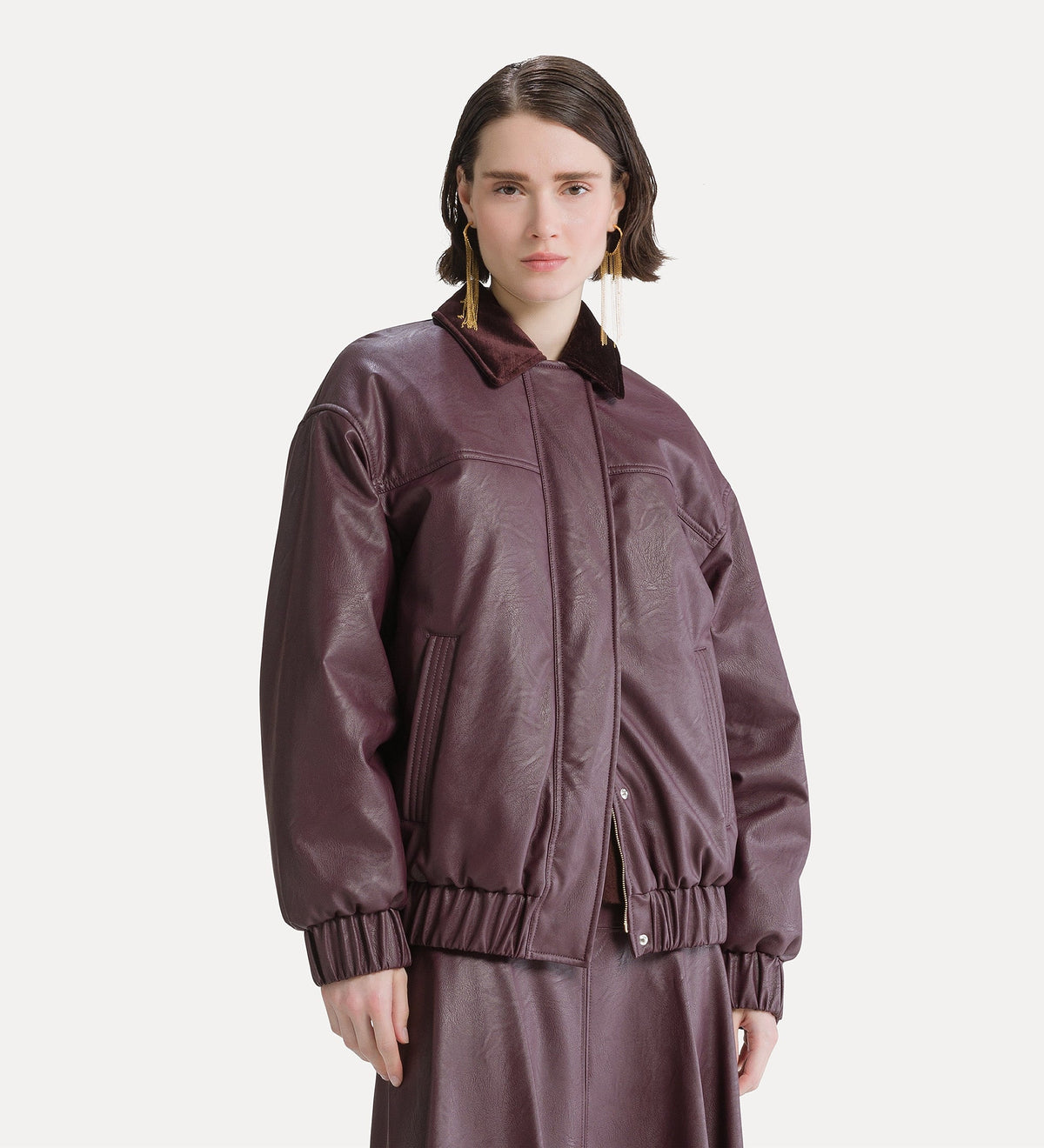 bomber oversize effet cuir avec col en velours bordeaux
