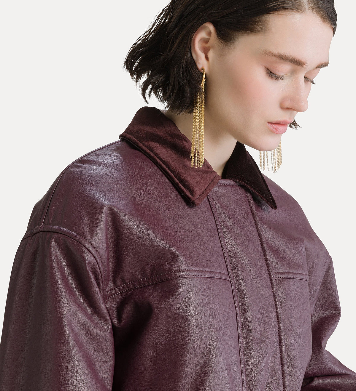 bomber oversize effet cuir avec col en velours bordeaux