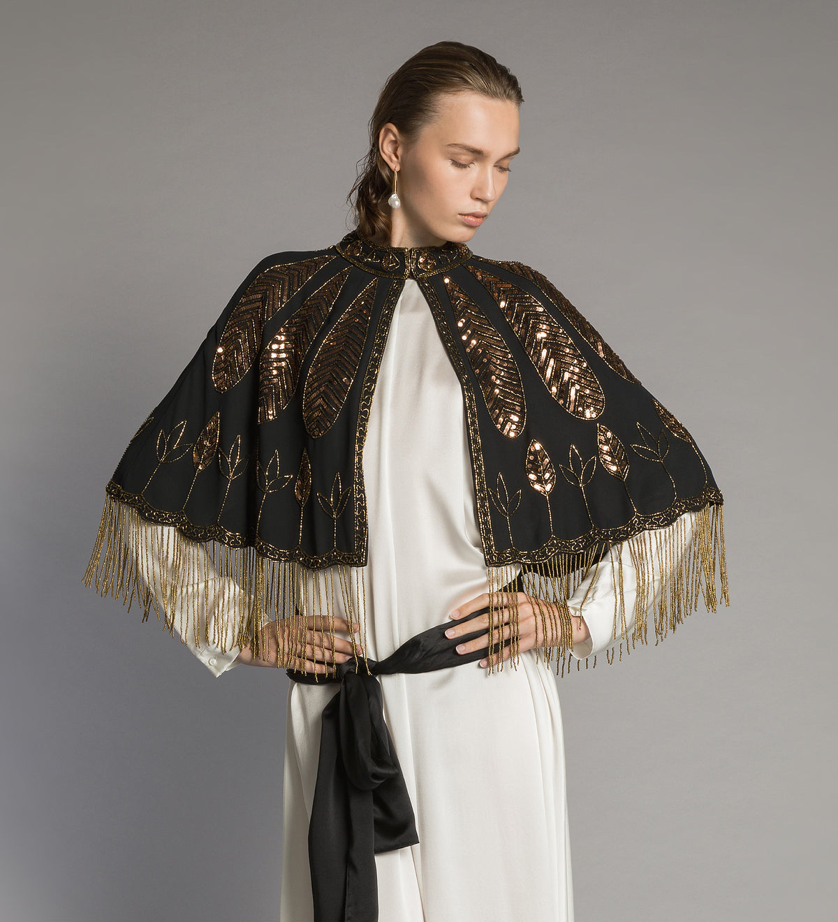 cape with fringing and “the queen's beads” hand embroidery gold