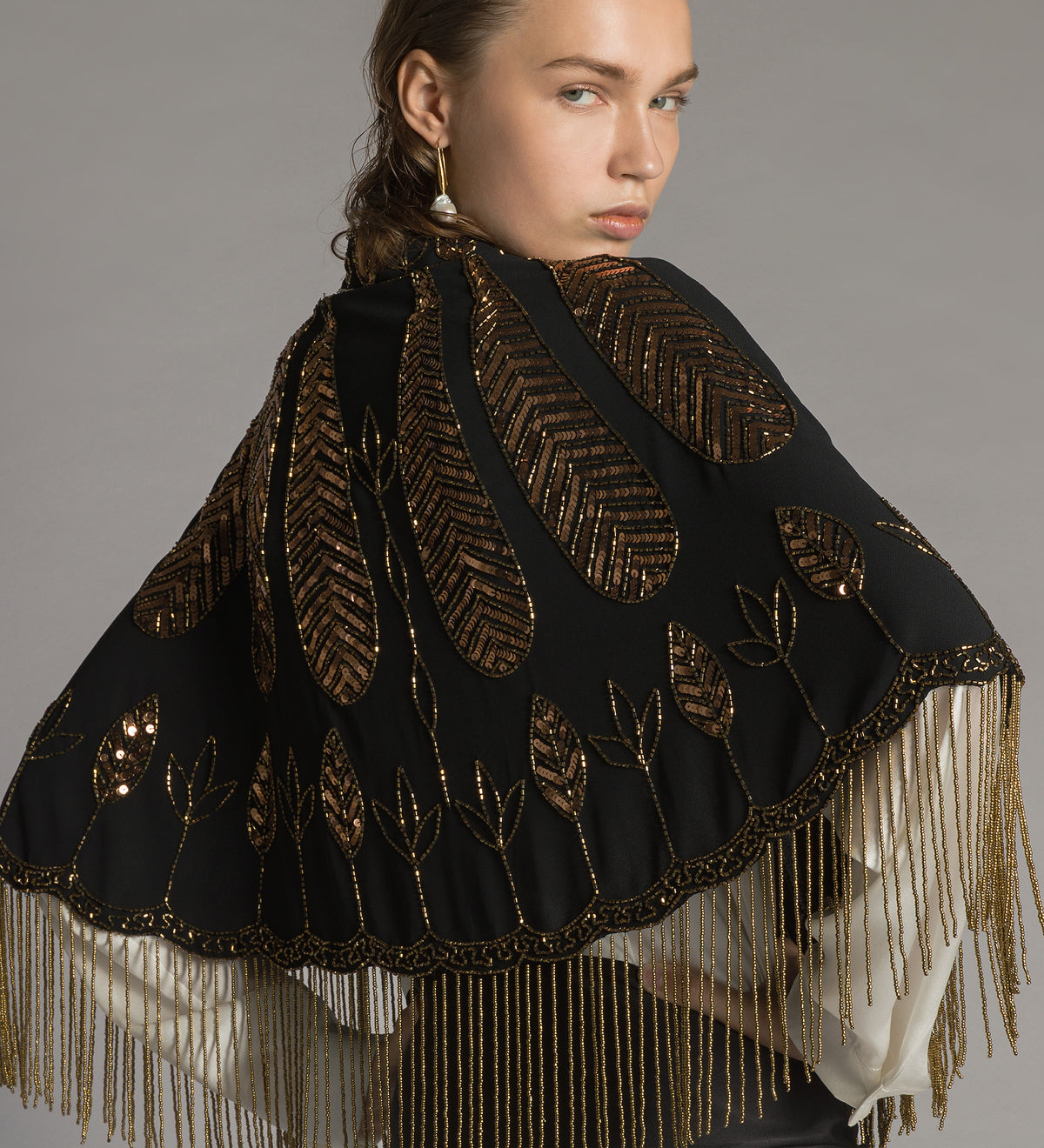 cape with fringing and “the queen's beads” hand embroidery gold