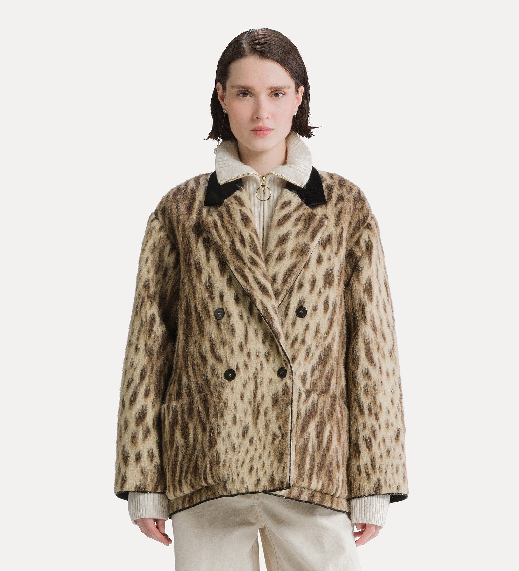 cappotto corto in misto lana vergine e alpaca “royal leopard” gold