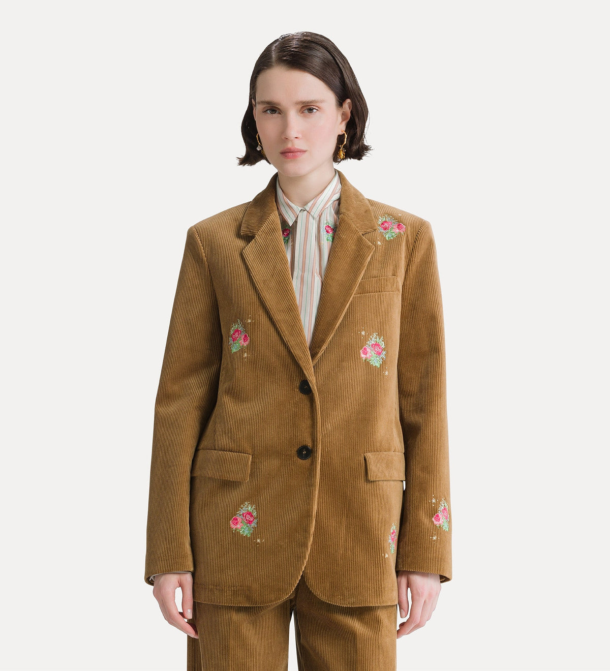 giacca in corduroy con ricamo “bouquet” camel