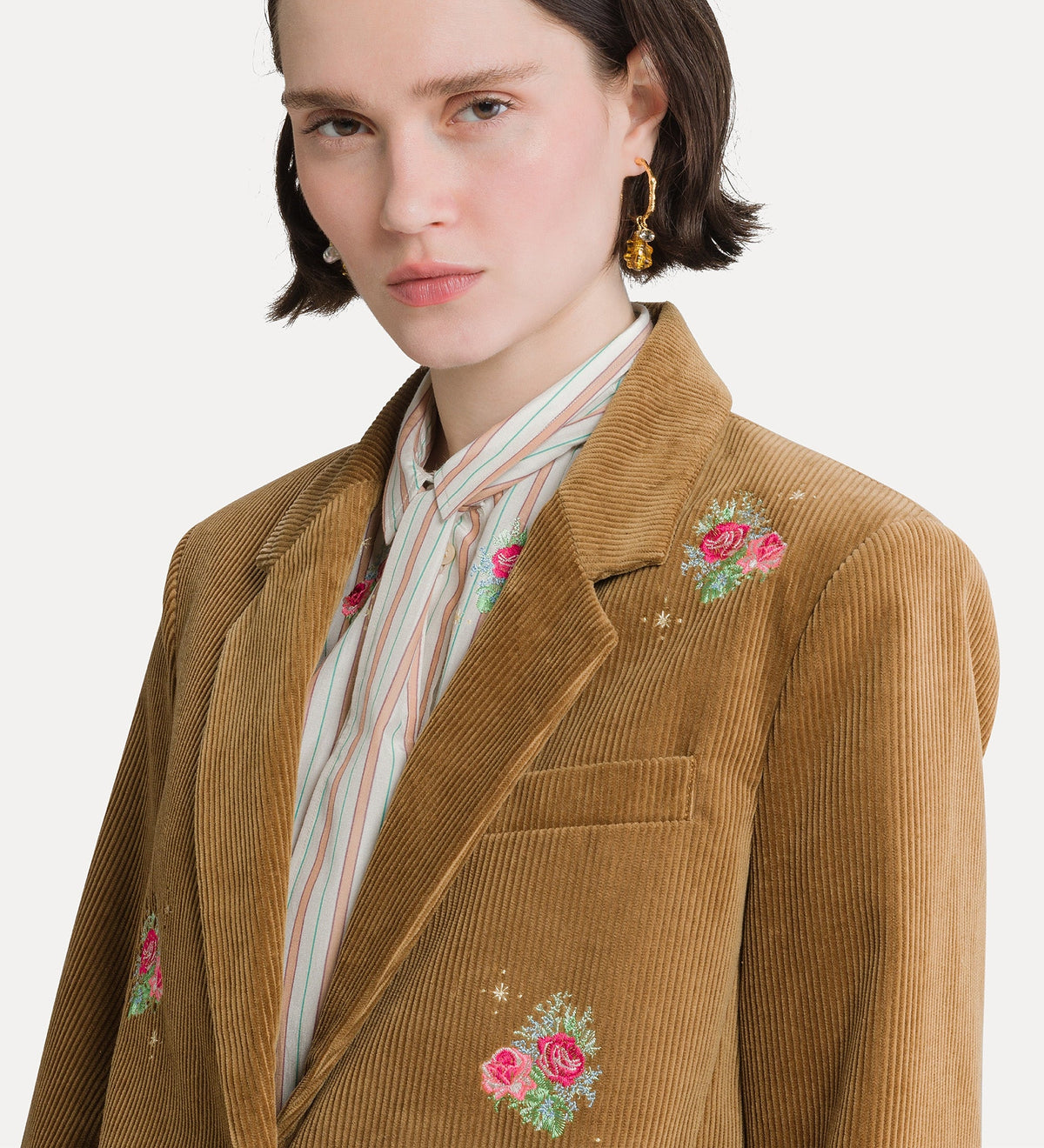 giacca in corduroy con ricamo “bouquet” camel
