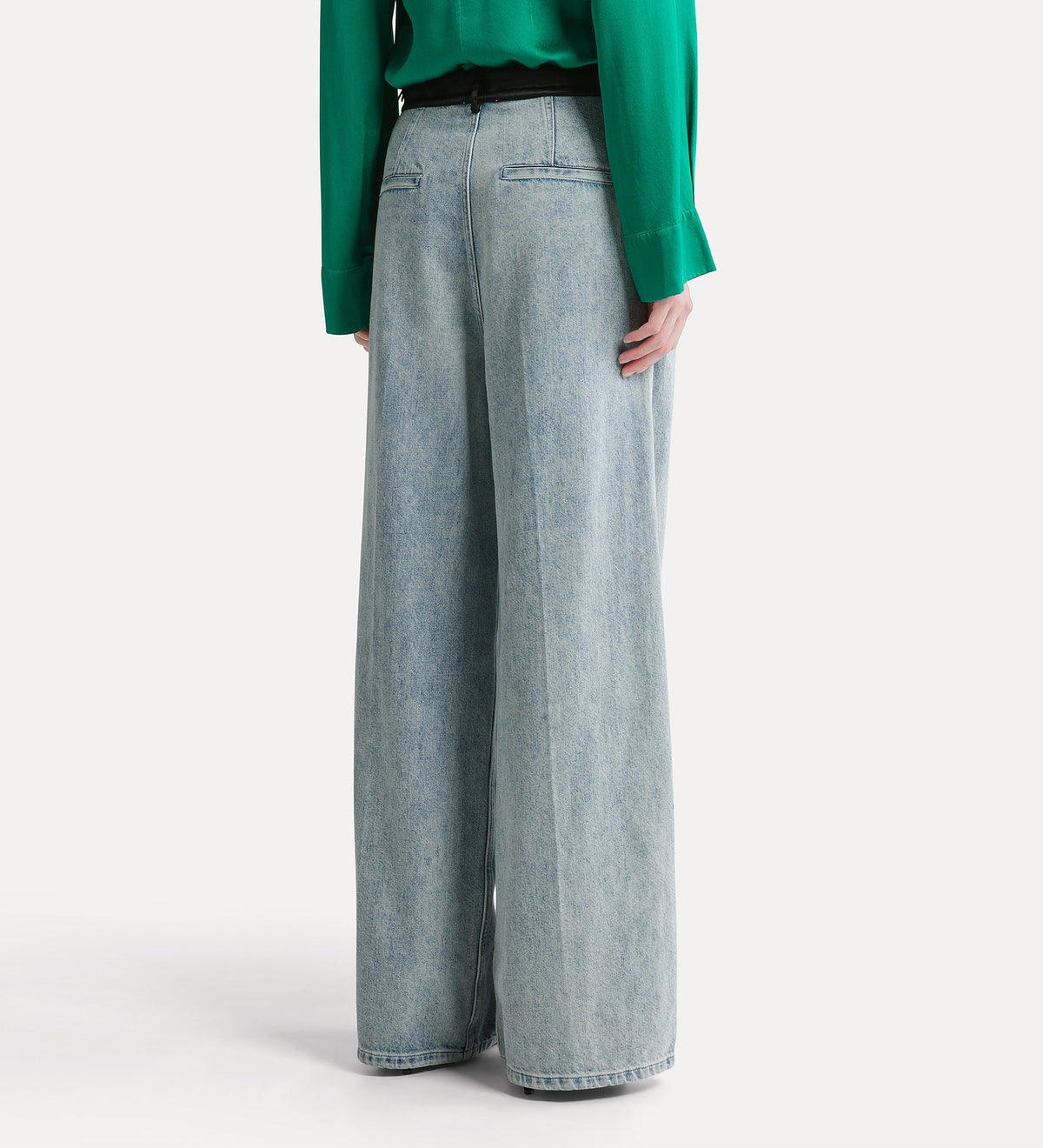 denim trousers with darts and a satin waist grey