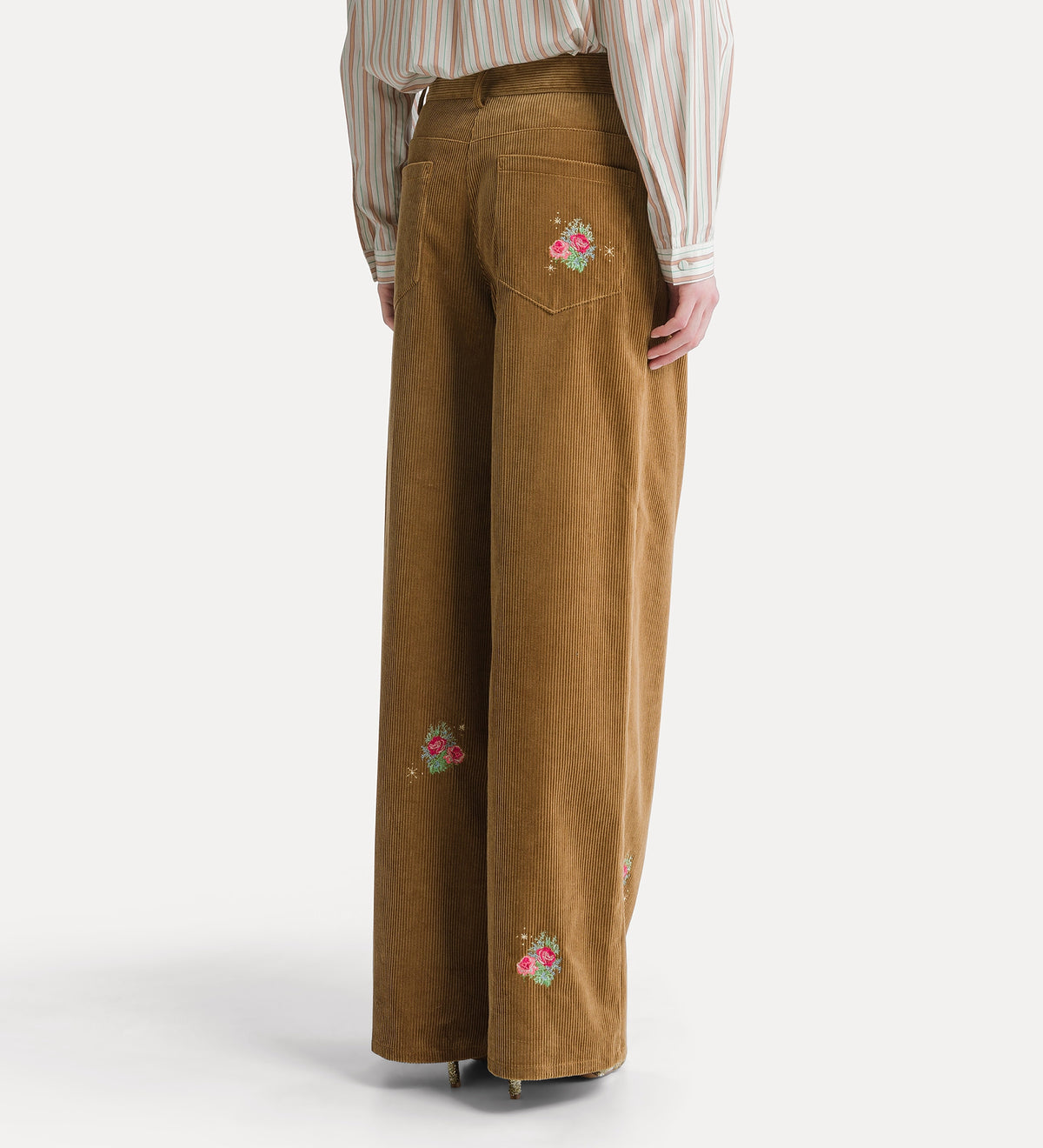 pantaloni in corduroy con ricamo “bouquet” camel