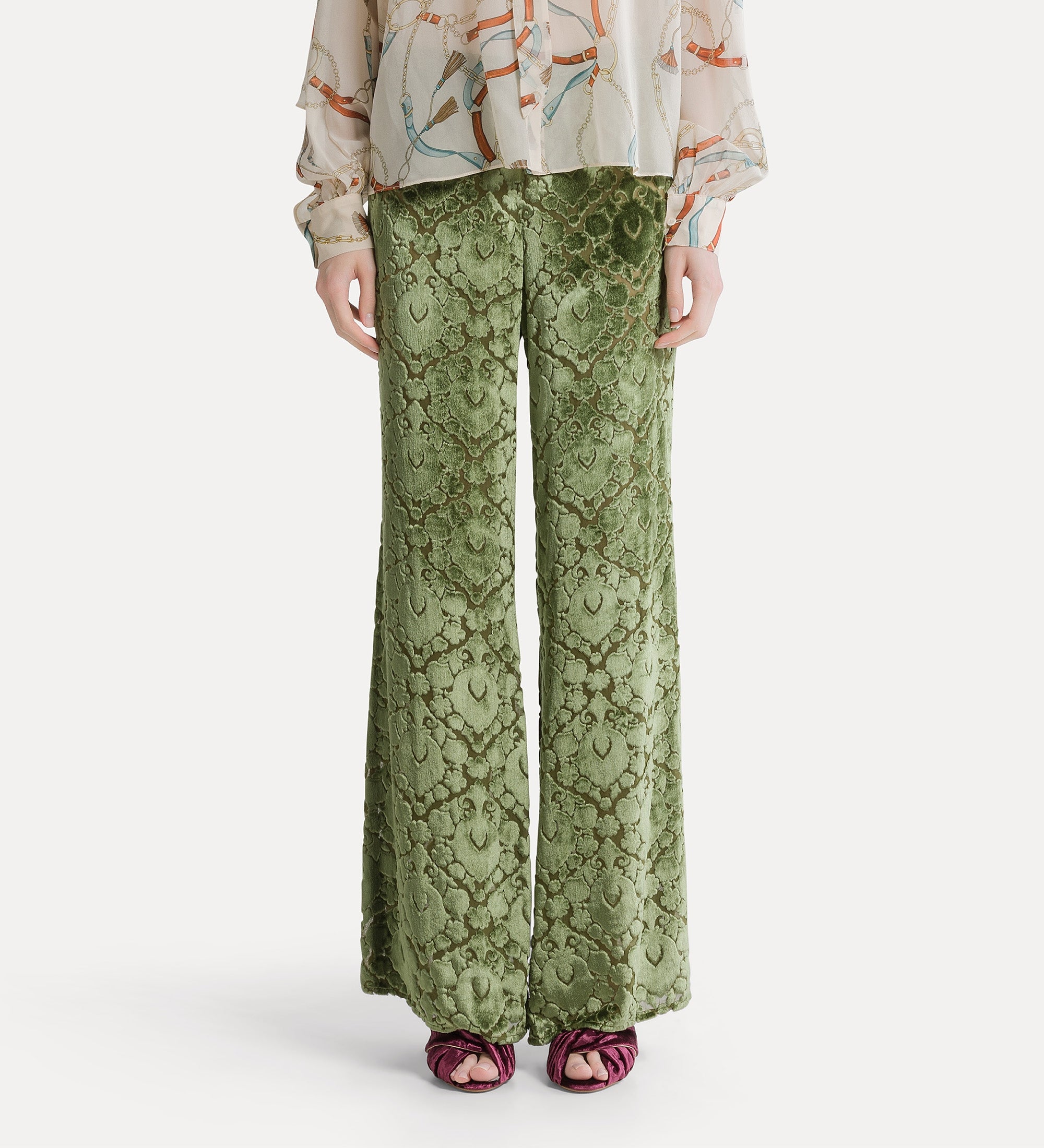 flared floral burnout velvet trousers leaf